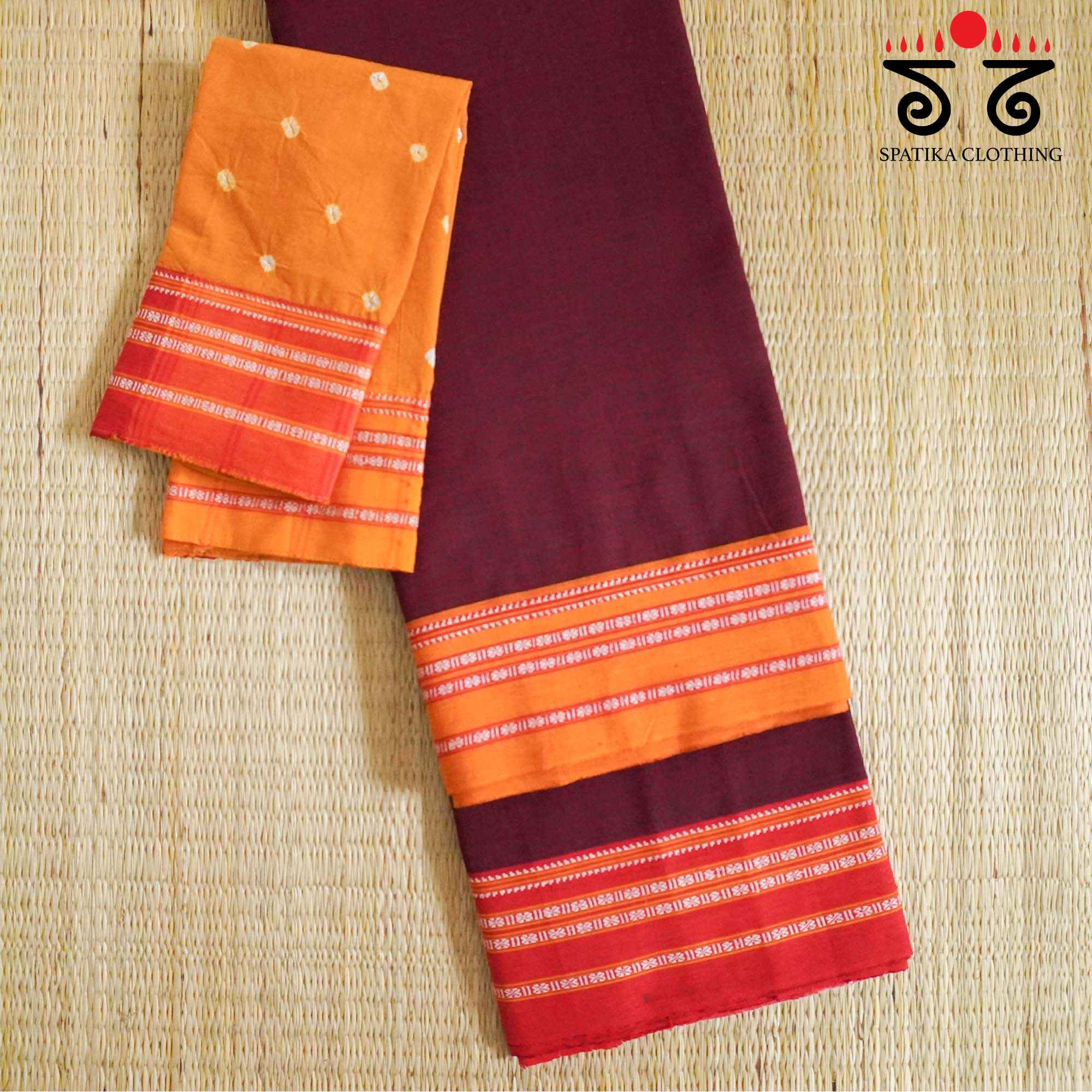 Maroon Ilkal Handwoven Cotton Saree - Bandhini Blouse