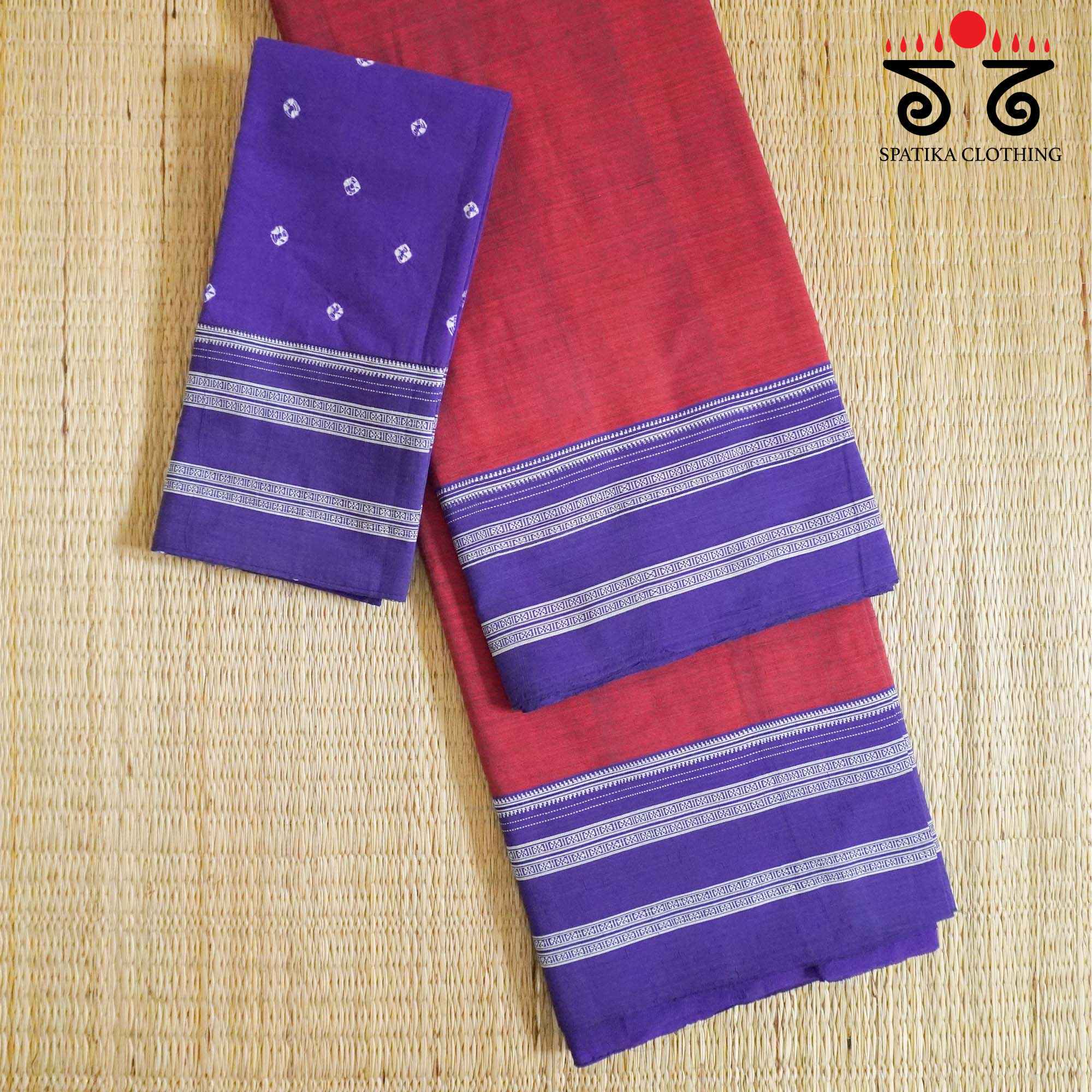 Red Ilkal Handwoven Cotton Saree - Bandhini Blouse