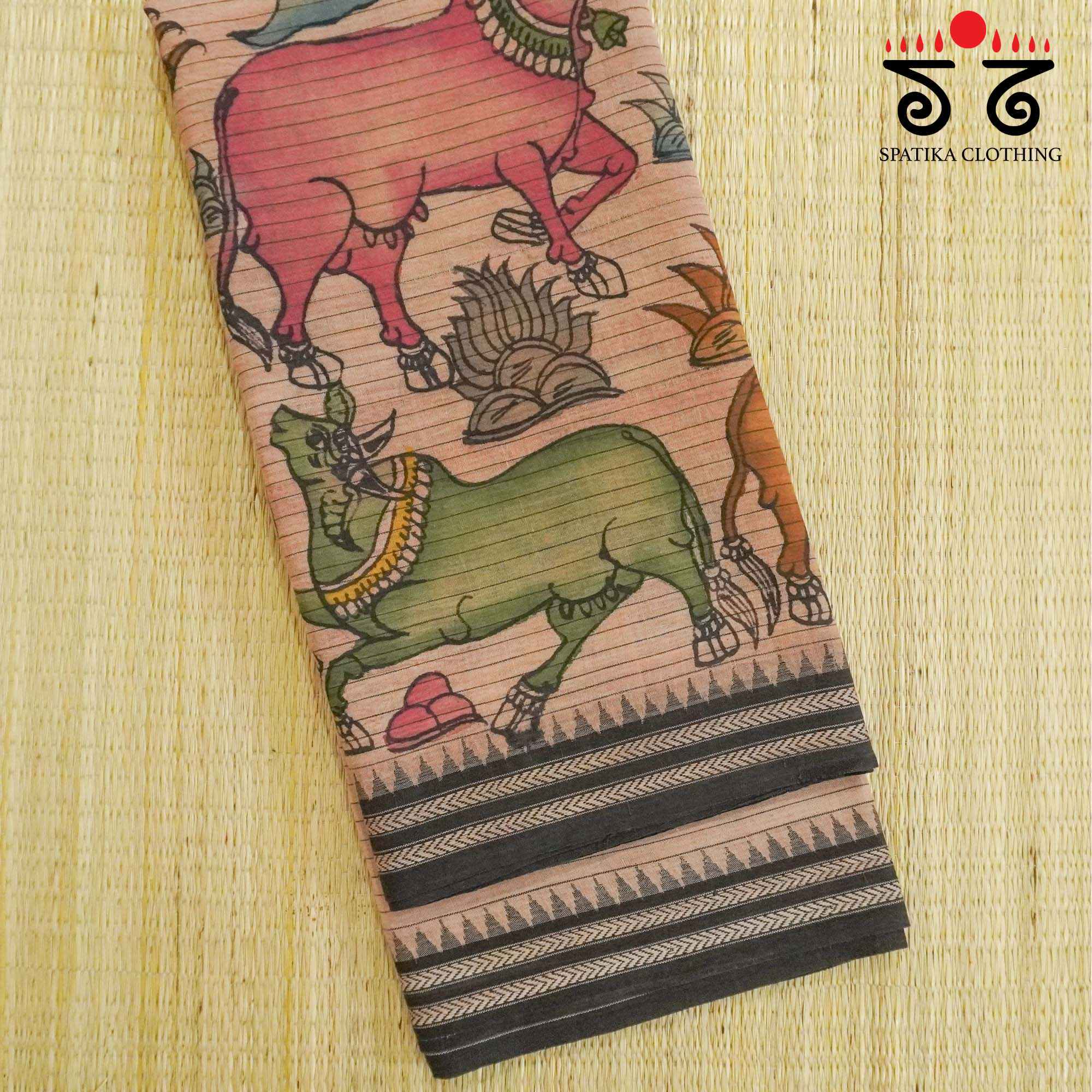 Pichwai Cows Saree - Anar & Pink Pen Kalamkari On Ponduru Saree