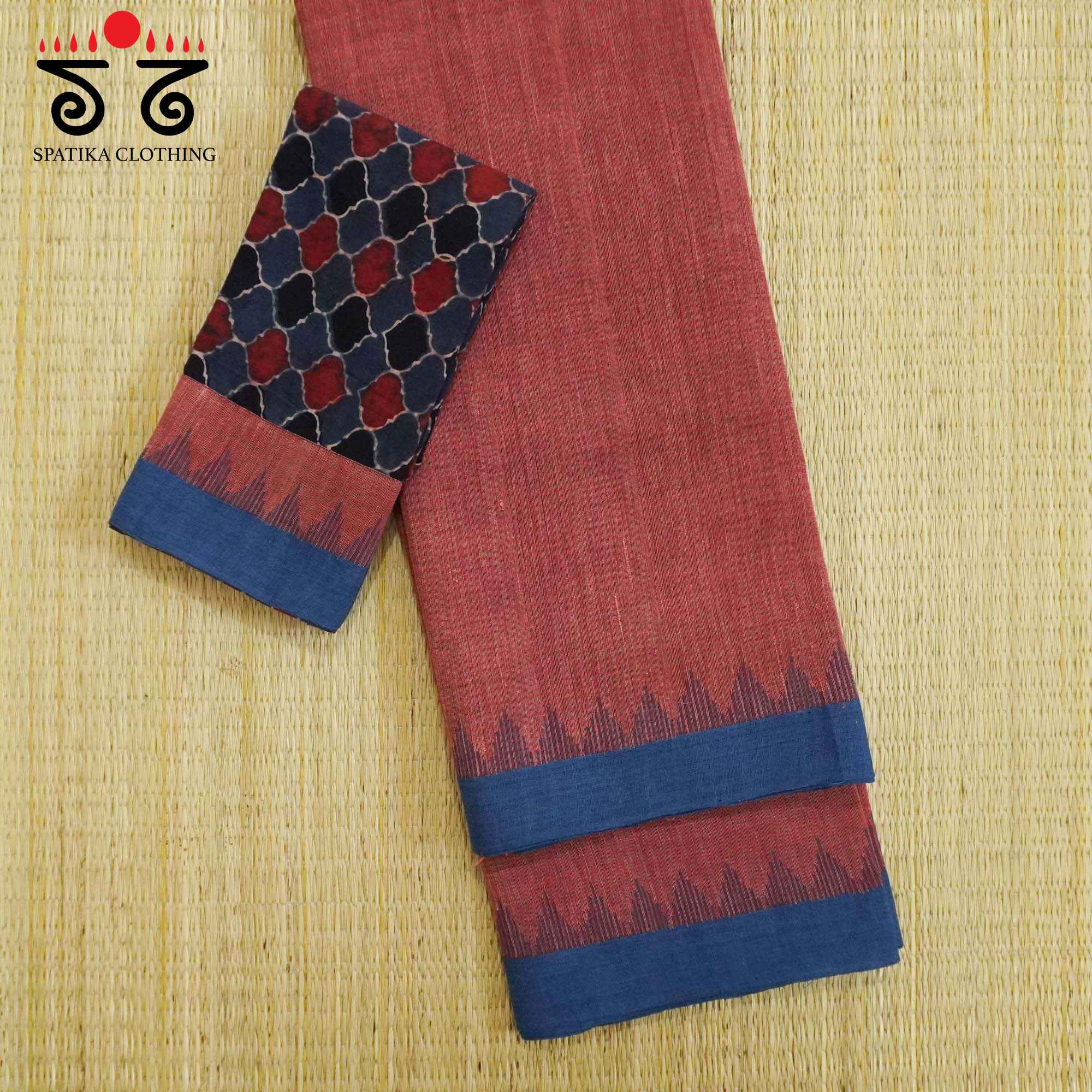 Red Ponduru Handspun Cotton Saree - With Special Blouse