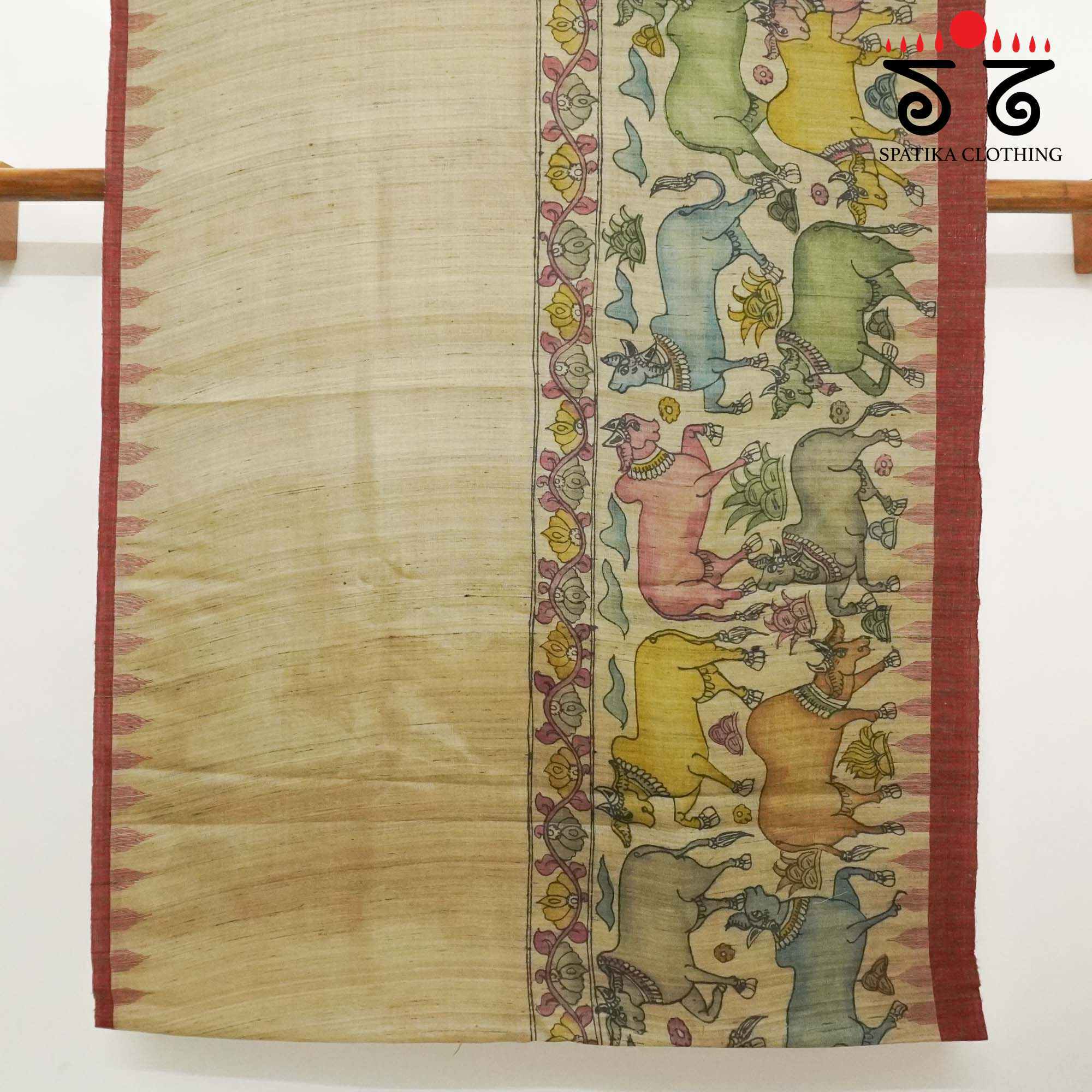 Pichwai Cows - Beige Pen Kalamkari On Tussar Jamdhani Saree
