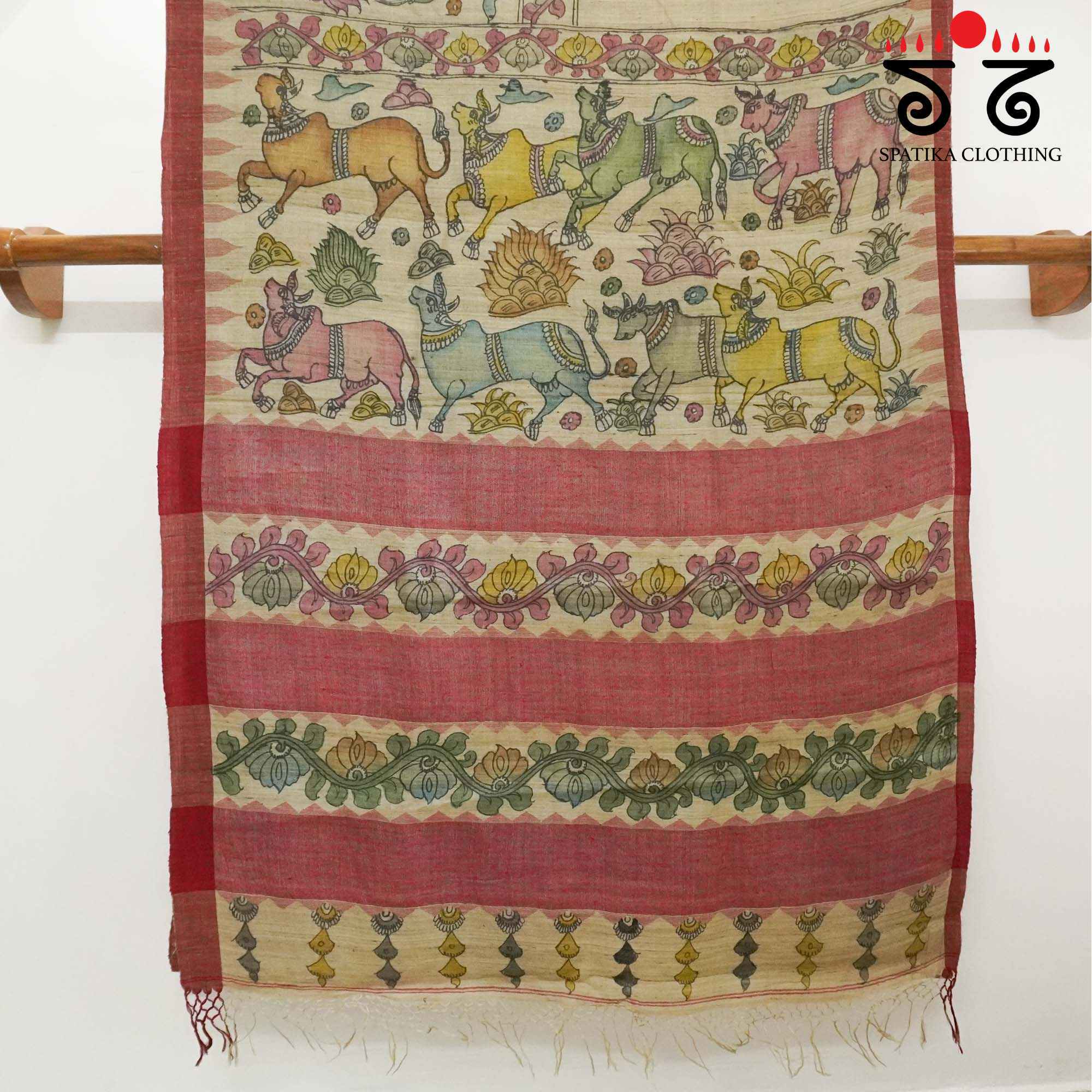 Pichwai Cows - Beige Pen Kalamkari On Tussar Jamdhani Saree