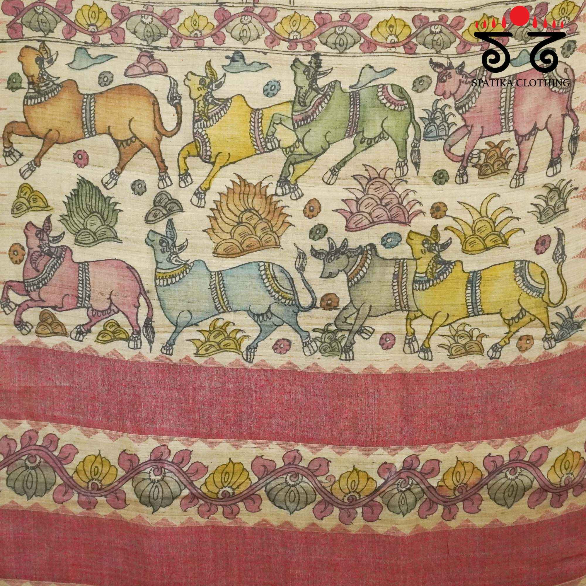 Pichwai Cows - Beige Pen Kalamkari On Tussar Jamdhani Saree