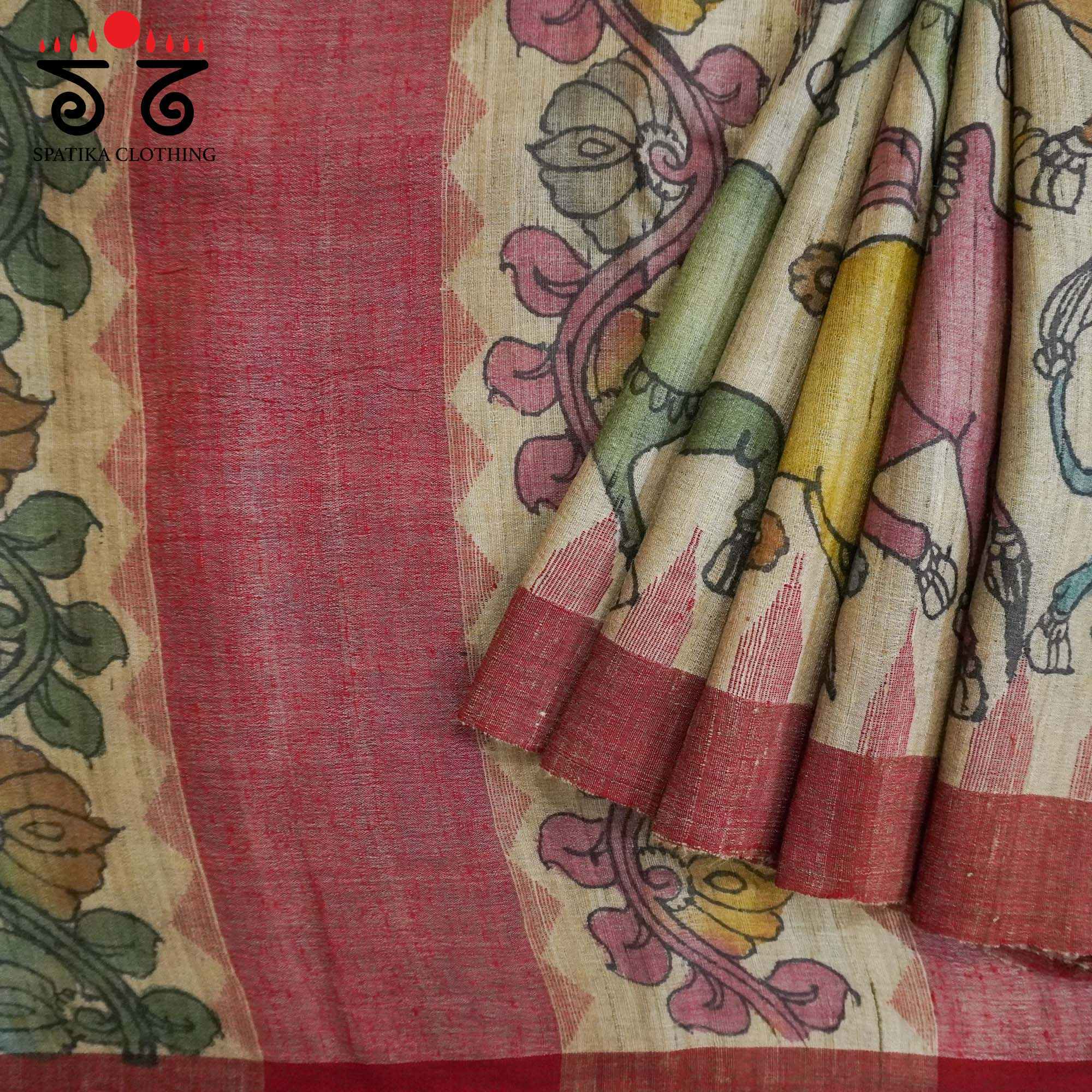 Pichwai Cows - Beige Pen Kalamkari On Tussar Jamdhani Saree