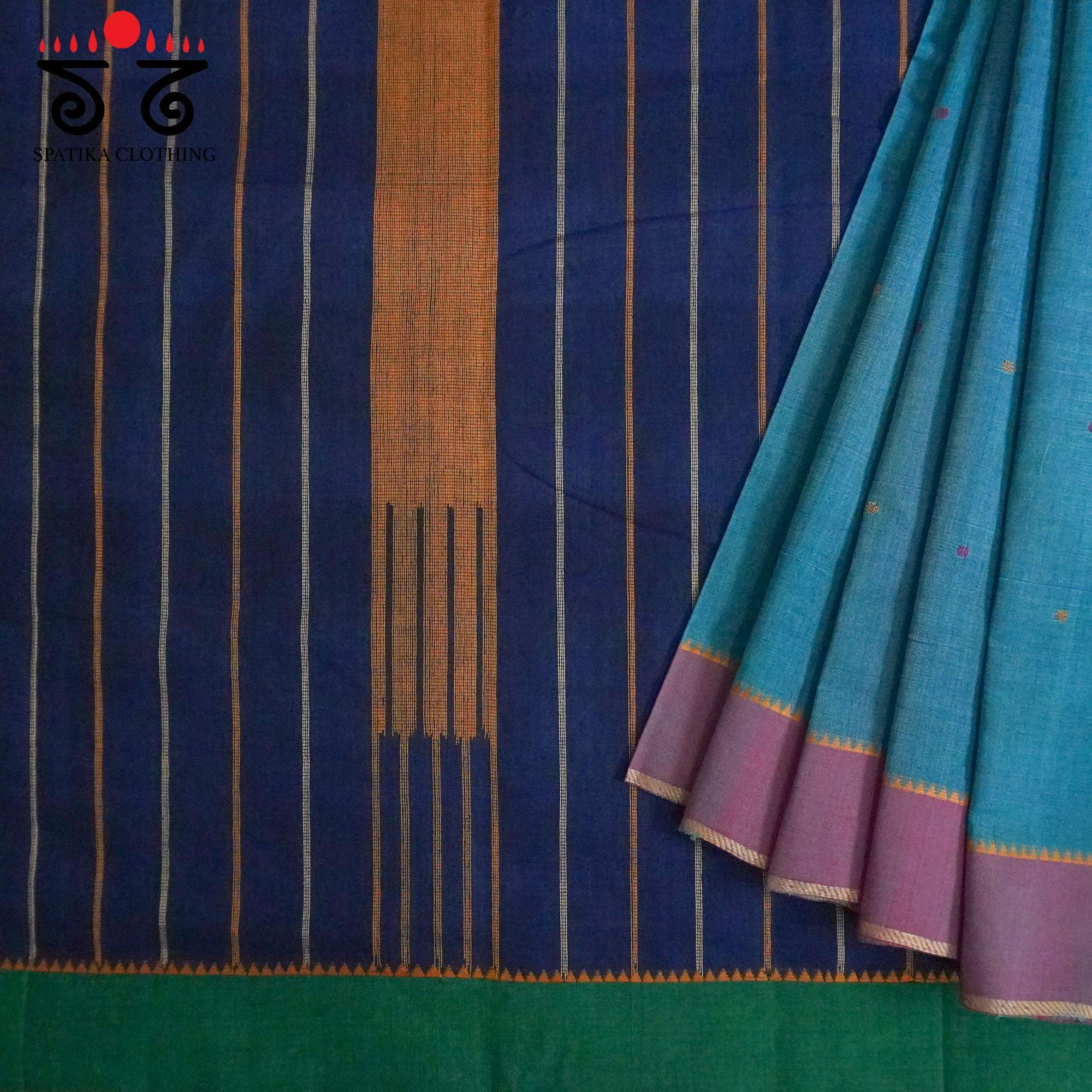 Blue Kanchi Cotton Saree With ikat Blouse