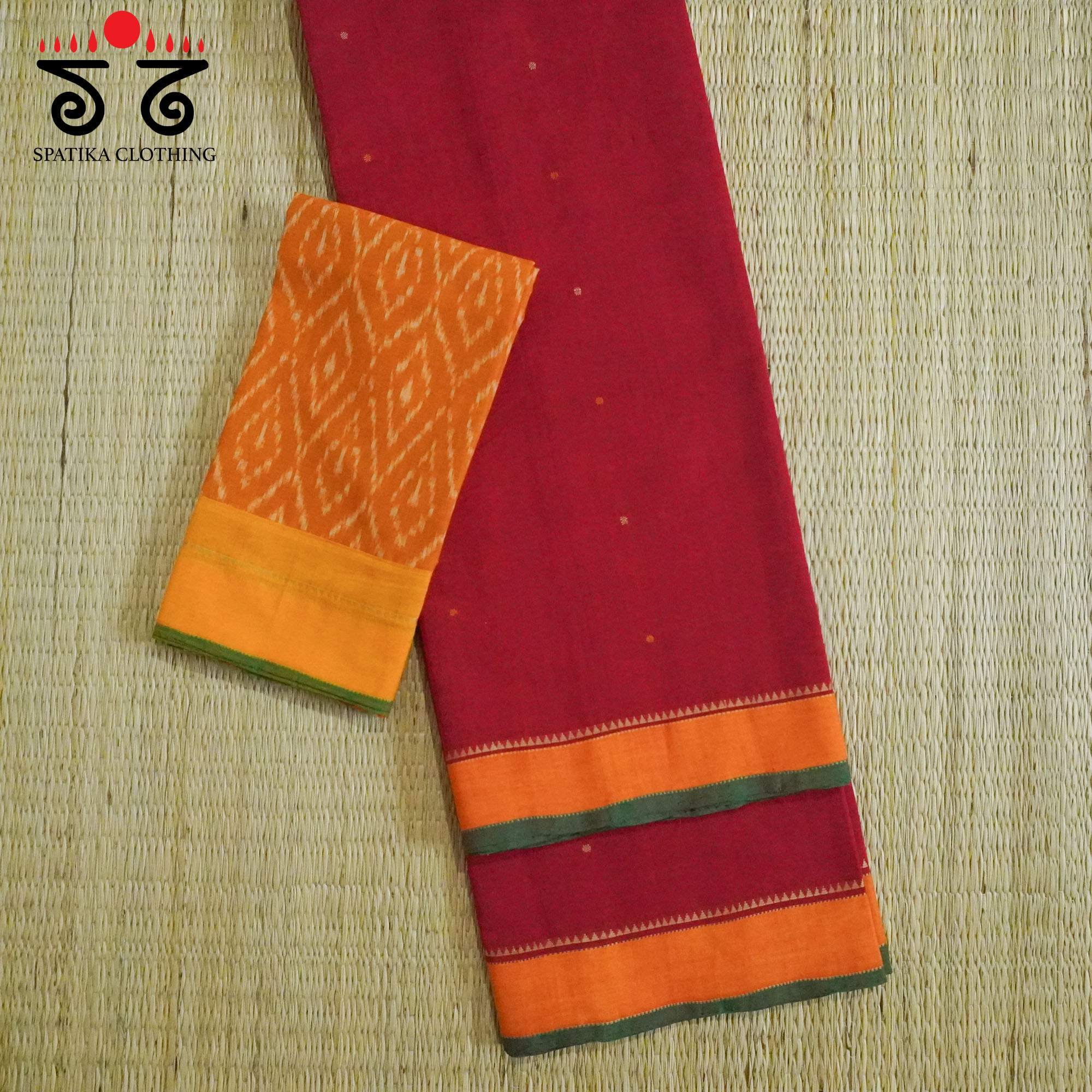 Red Kanchi Cotton Saree With Ikat Blouse