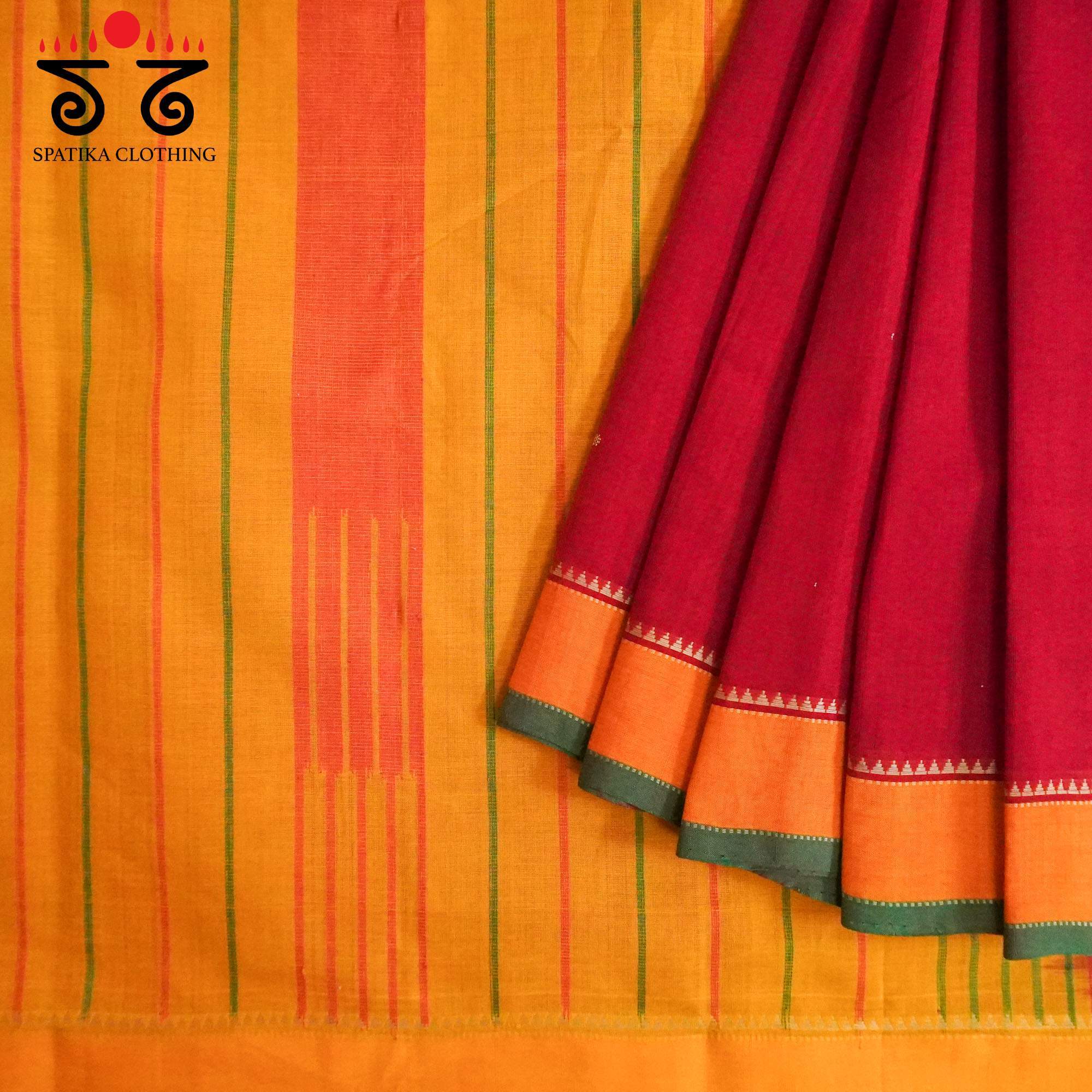 Red Kanchi Cotton Saree With Ikat Blouse