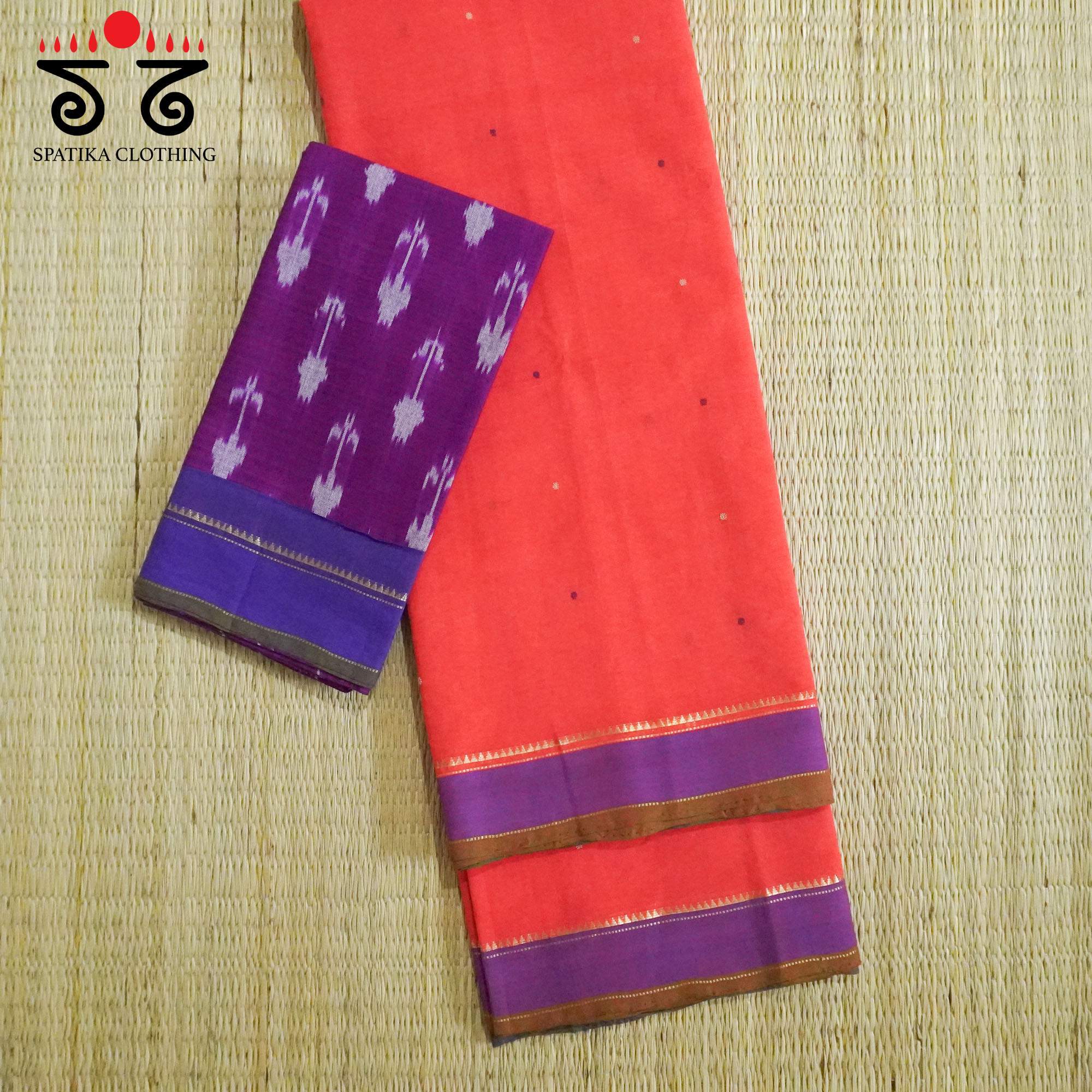 Orange Kanchi Cotton Saree With Ikat Blouse