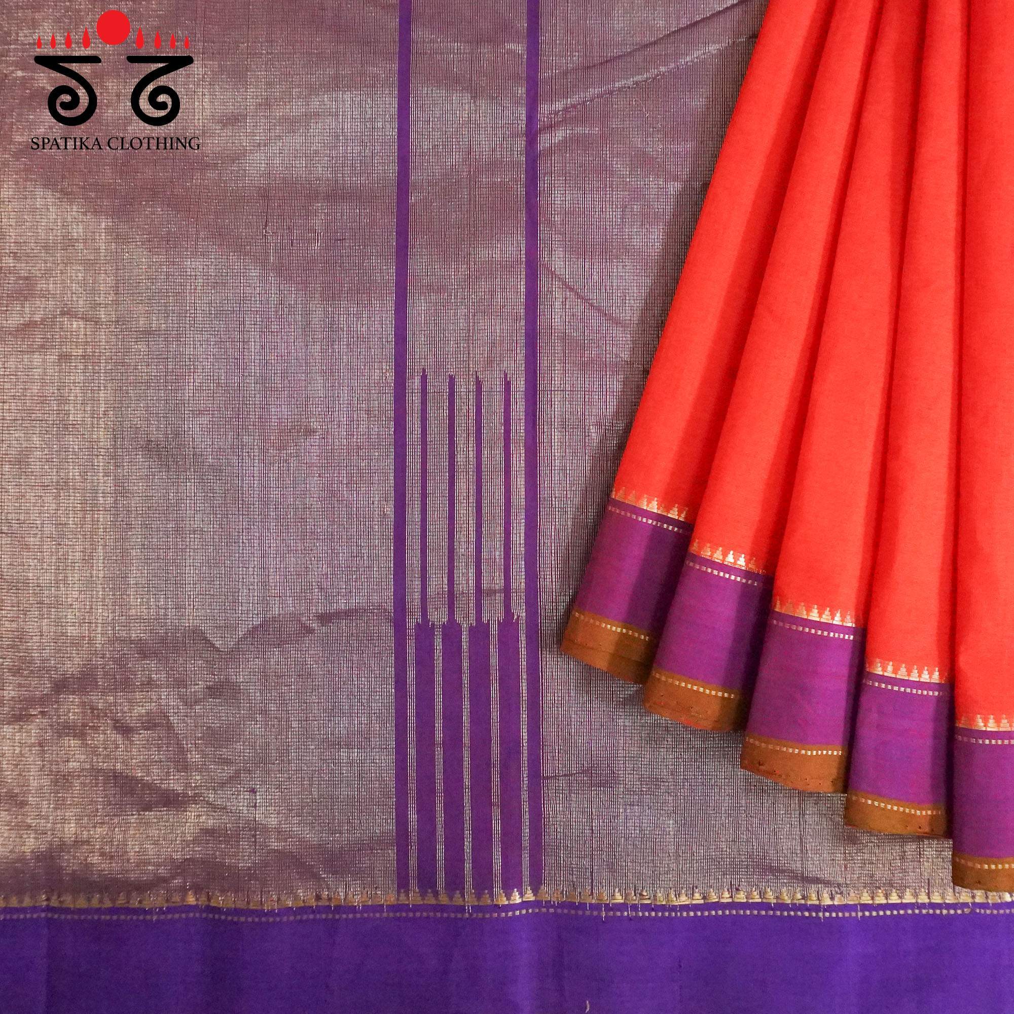 Orange Kanchi Cotton Saree With Ikat Blouse