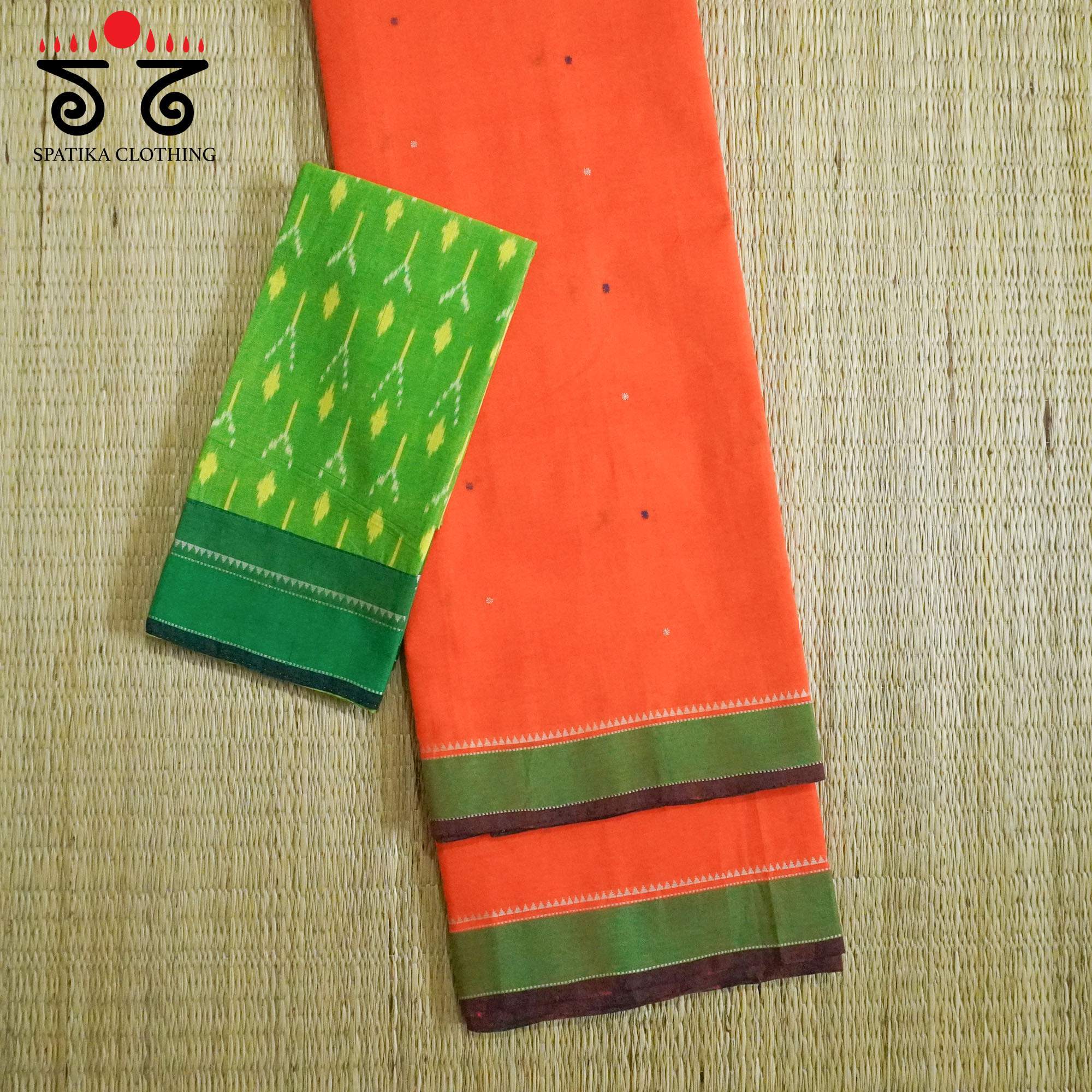 Orange Kanchi Cotton Saree With ikat Blouse
