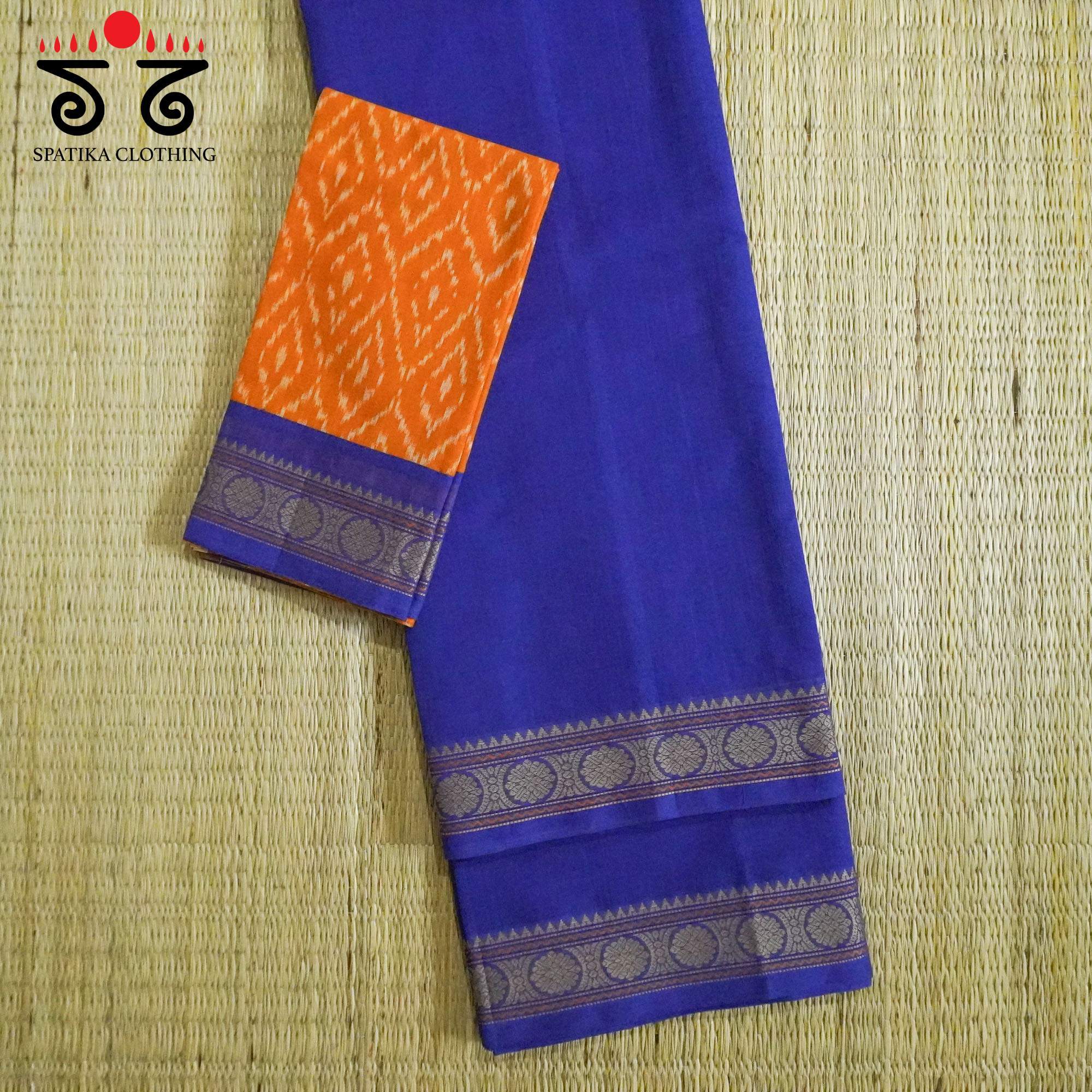 Blue Kanchi Cotton Saree With ikat Blouse