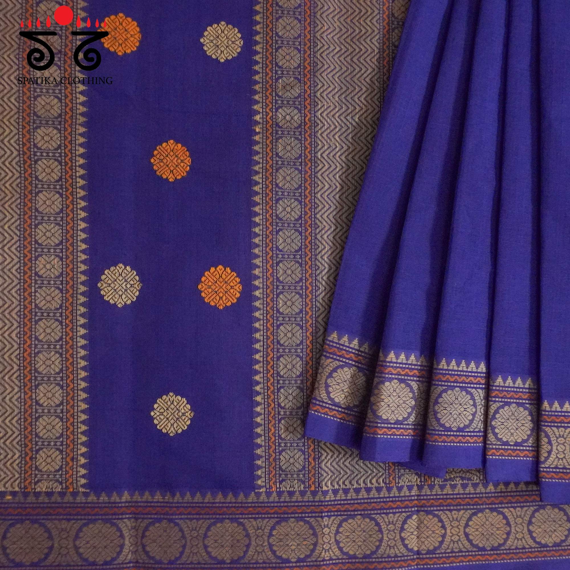 Blue Kanchi Cotton Saree With ikat Blouse
