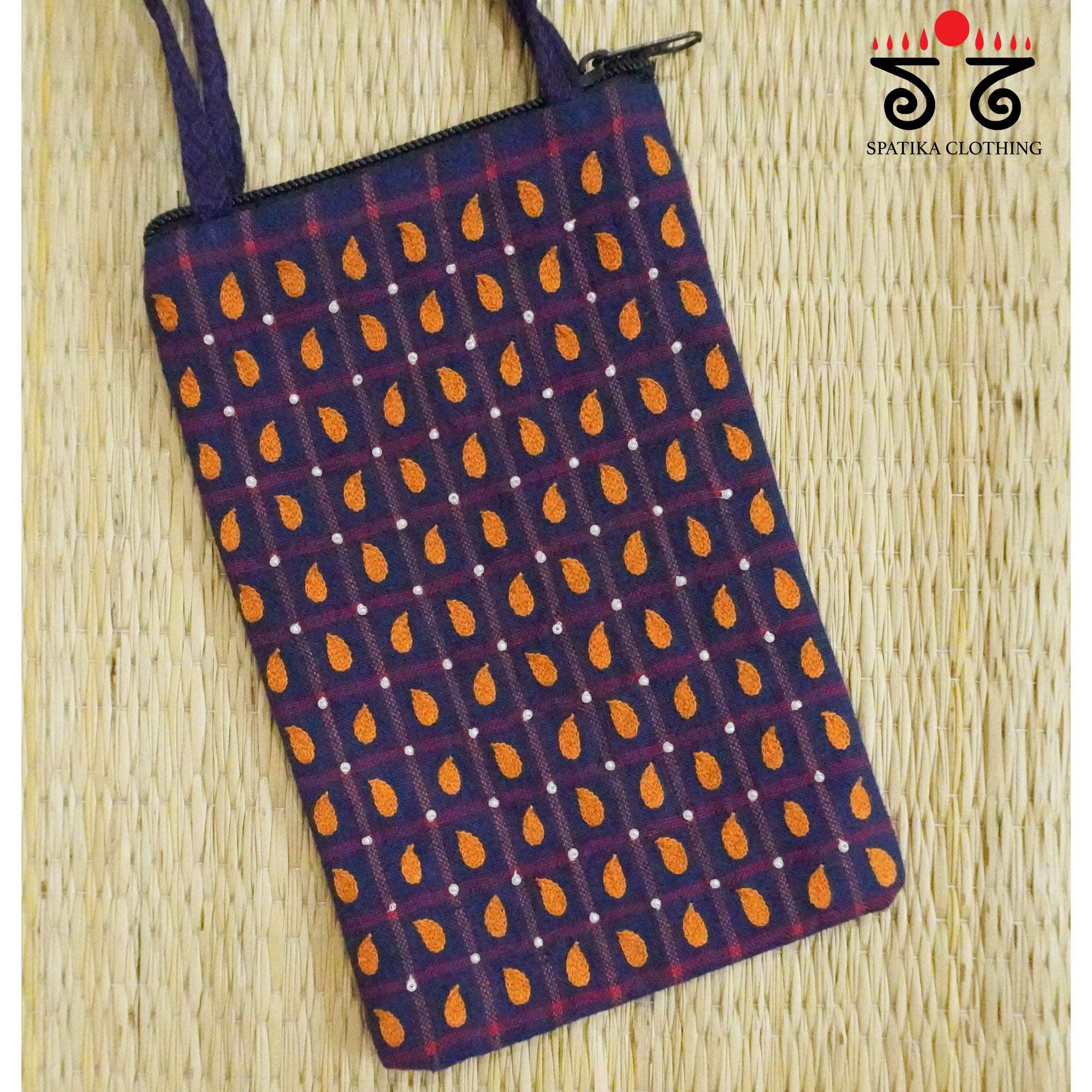 Blue Hand Embroidered Mobile Pouch