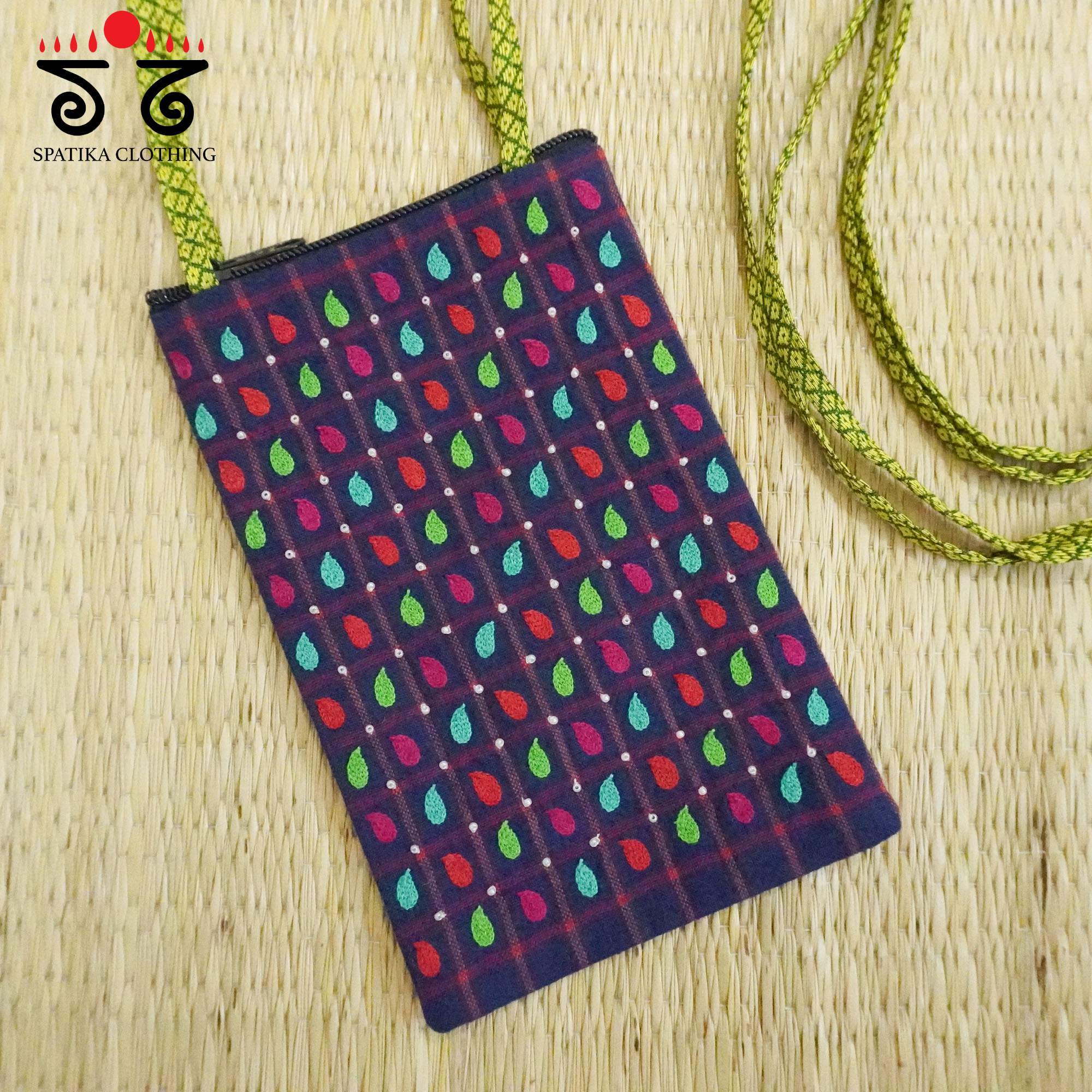 Blue Hand Embroidered Mobile Pouch