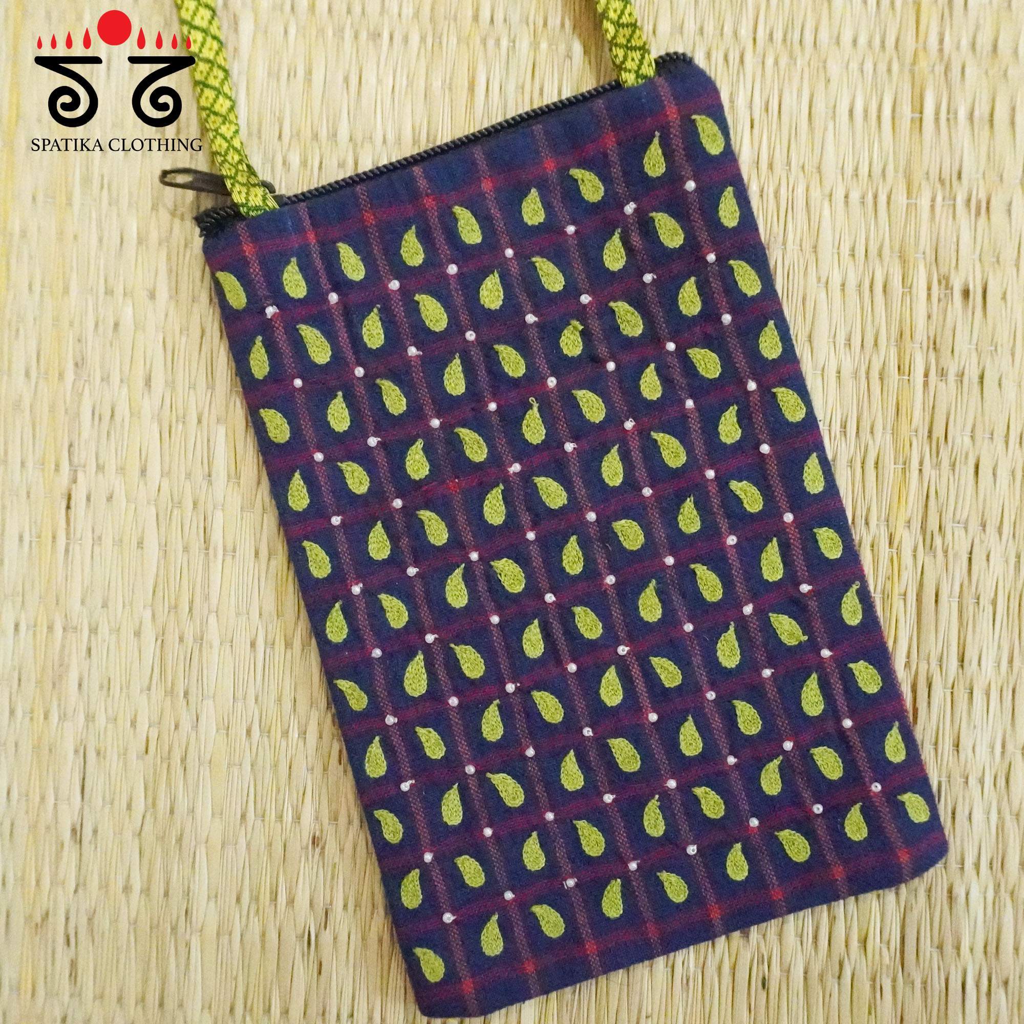 Blue Hand Embroidered Mobile Pouch