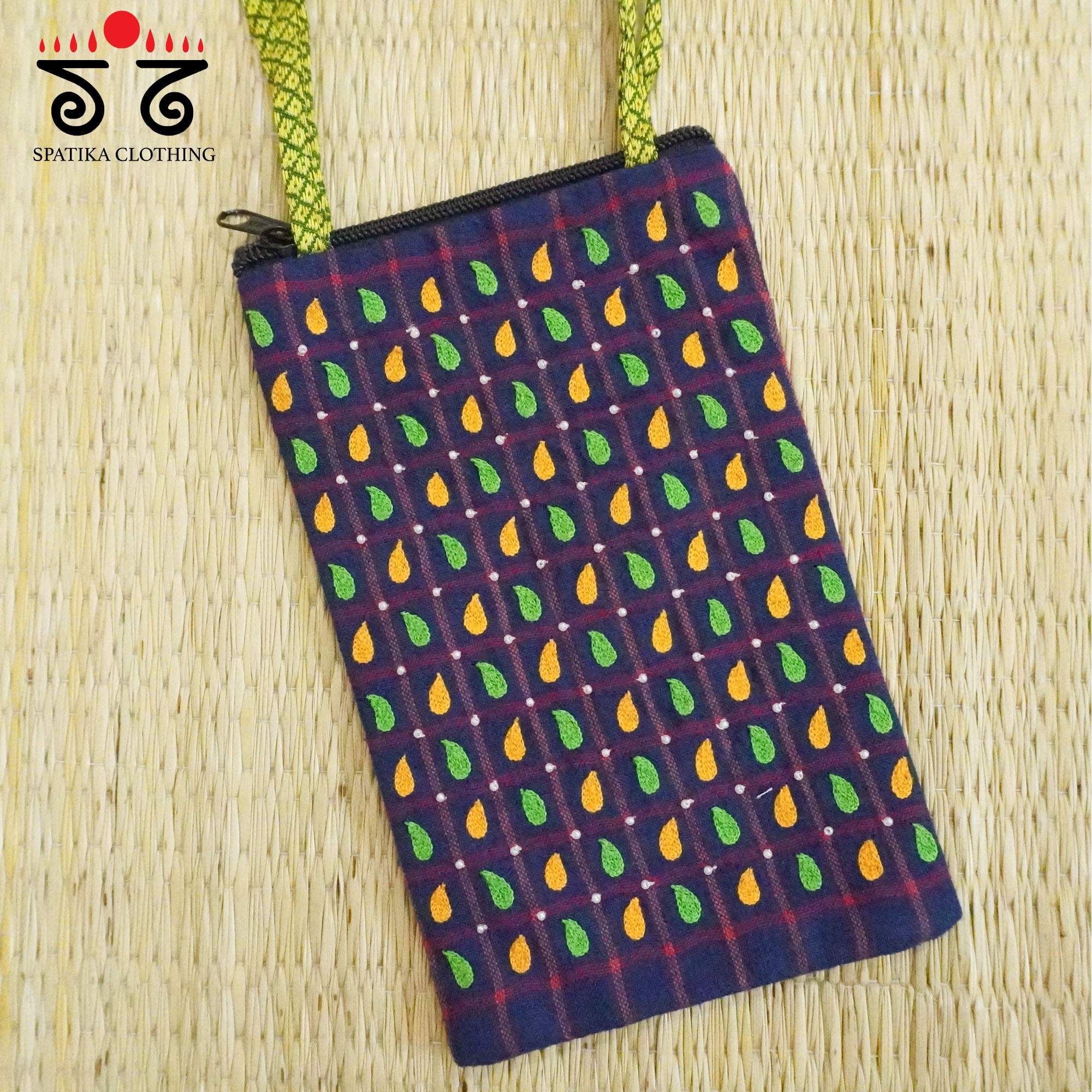 Blue Hand Embroidered Mobile Pouch