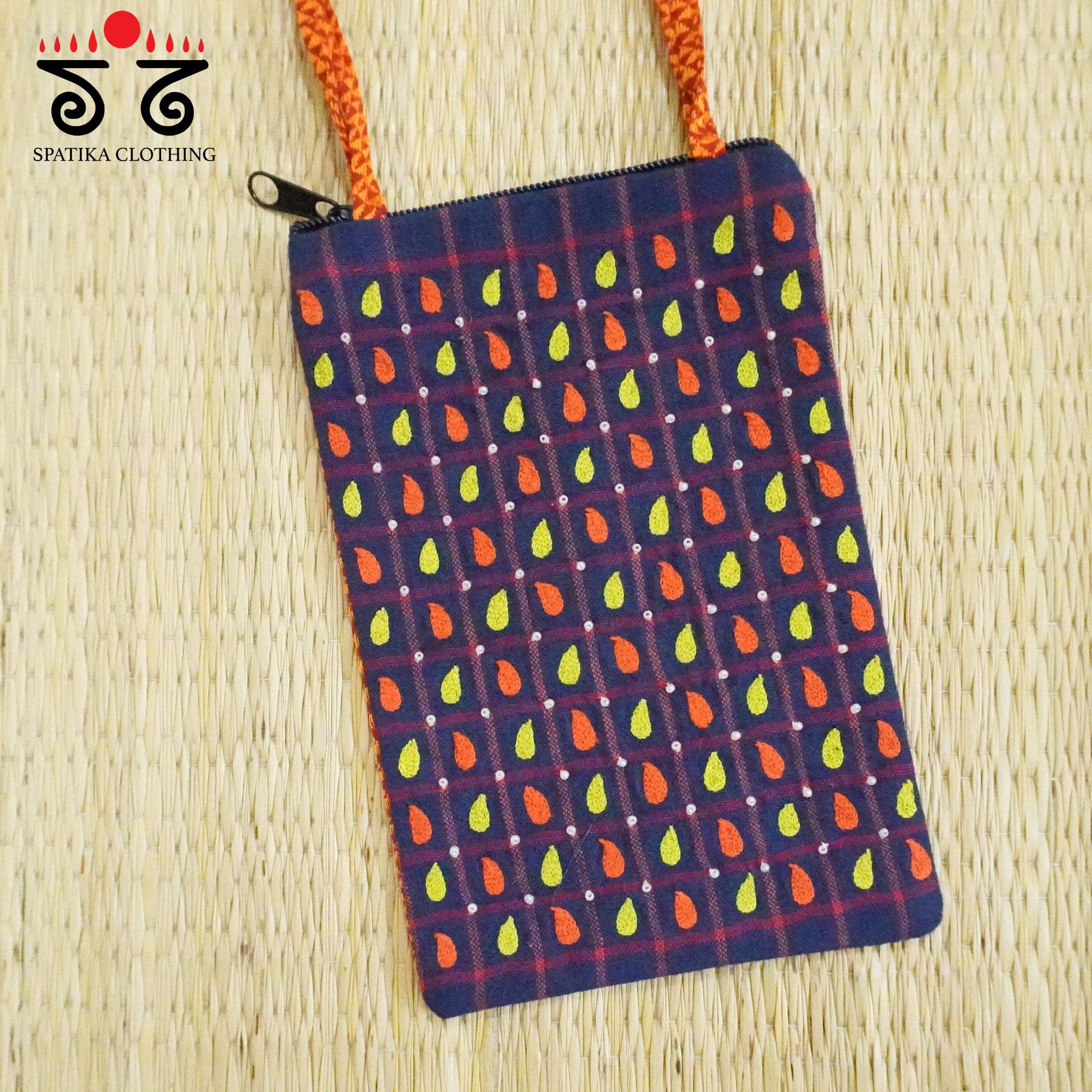 Blue Hand Embroidered Mobile Pouch