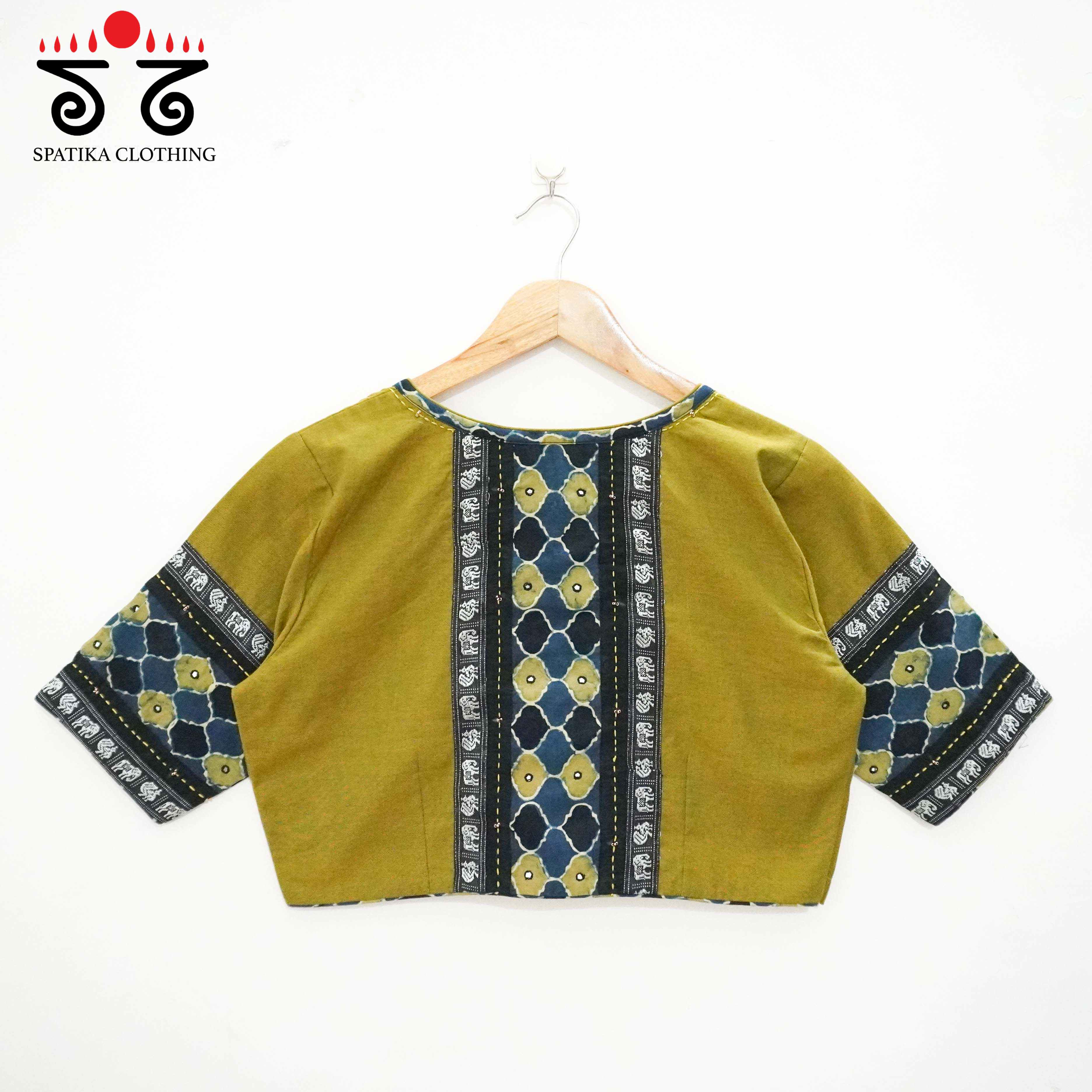 Green Solid Ajrakh Patch Work Blouse