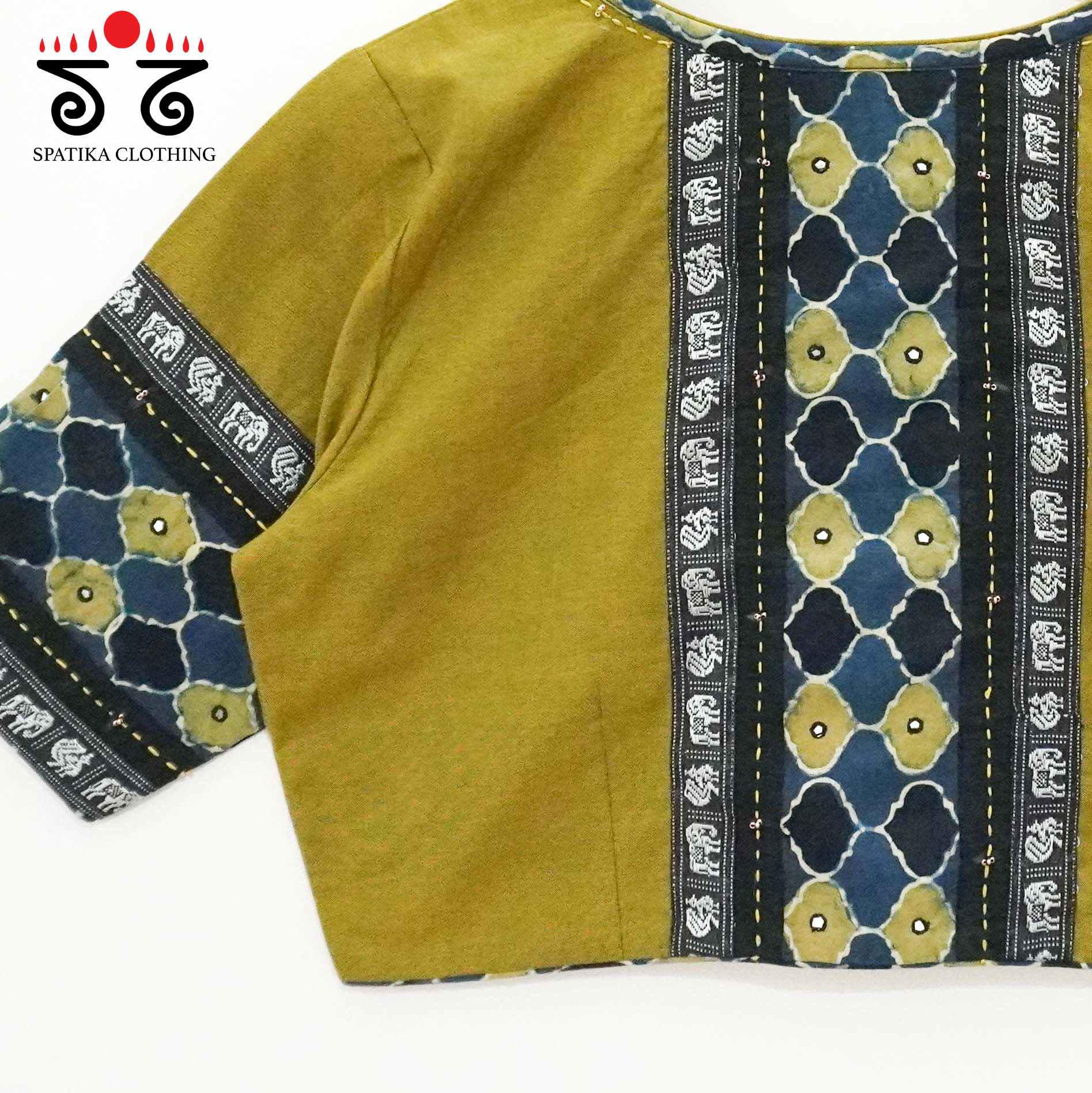 Green Solid Ajrakh Patch Work Blouse