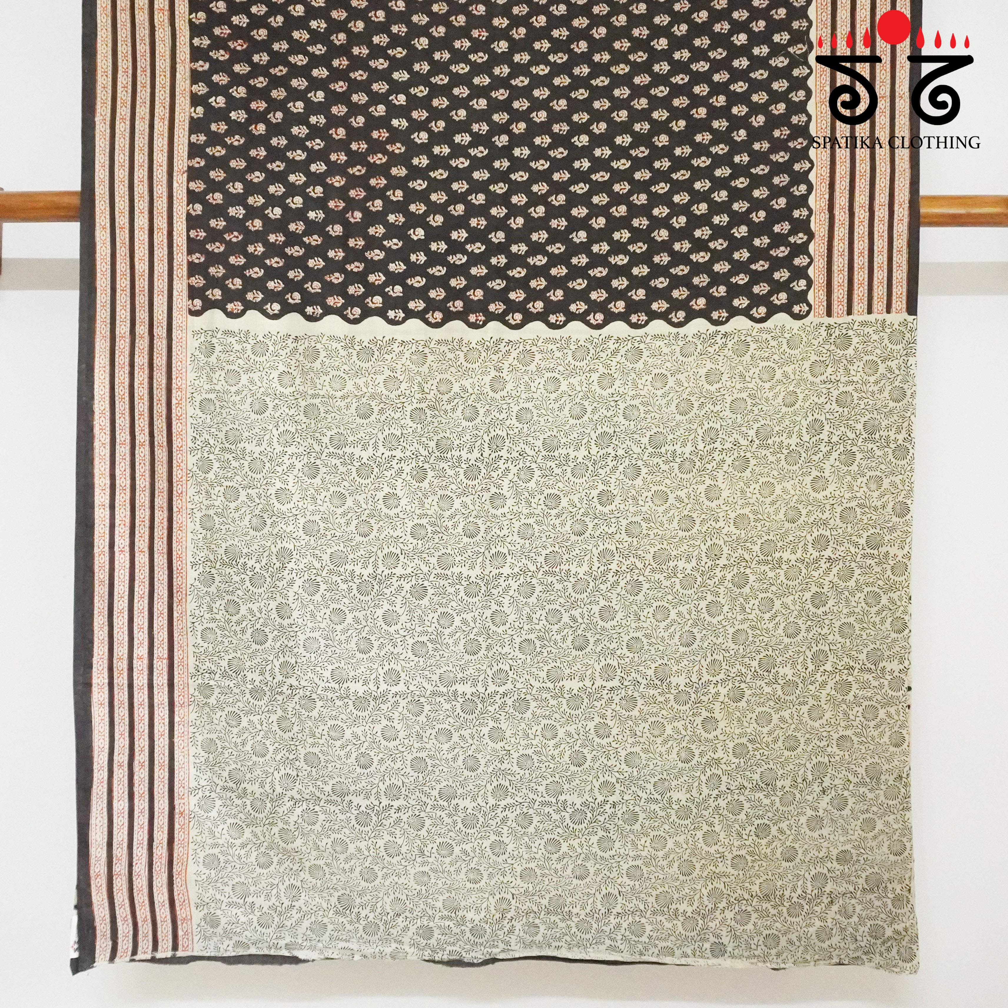 Black Hand Block Printed Cotton Saree