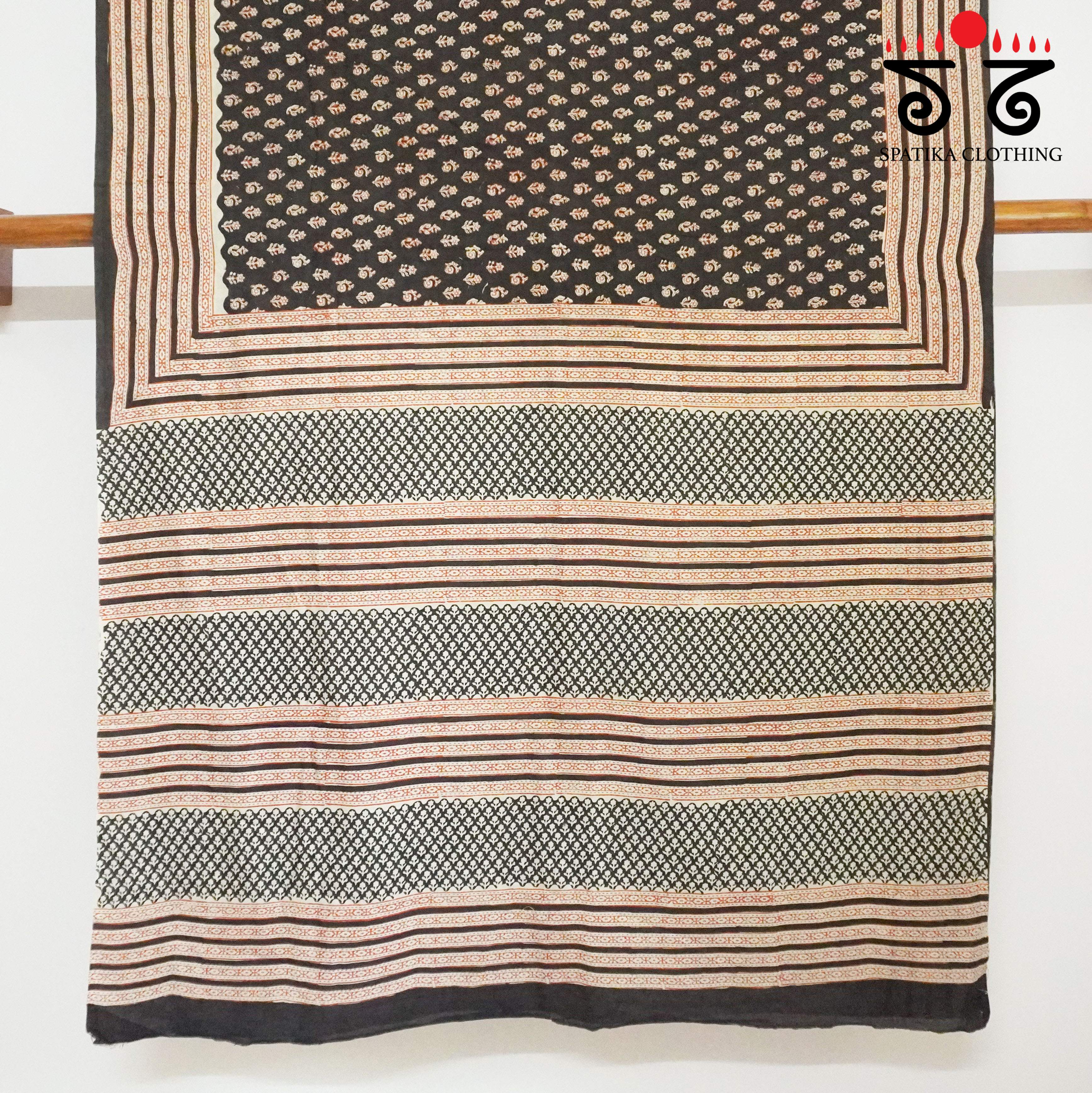 Black Hand Block Printed Cotton Saree