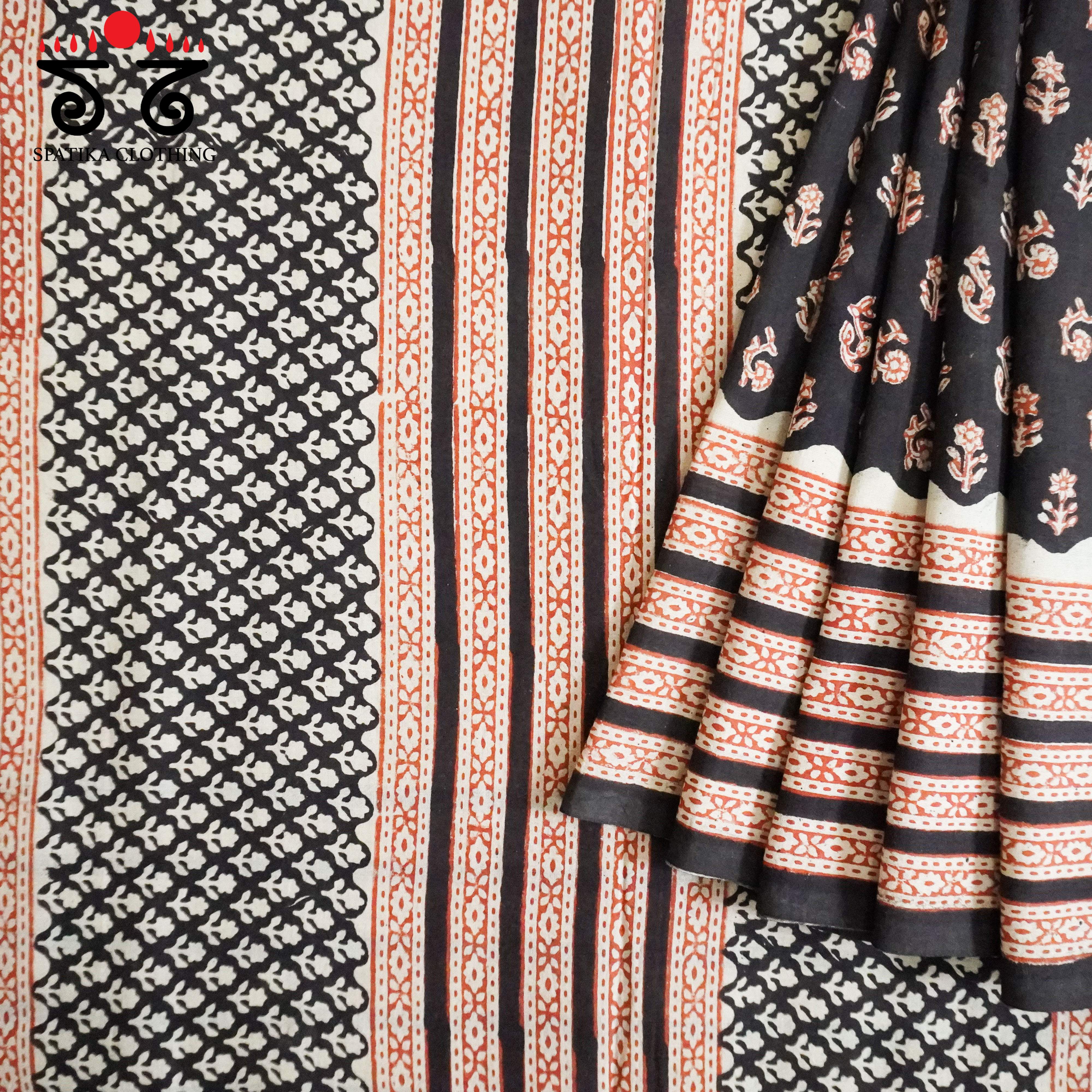 Black Hand Block Printed Cotton Saree