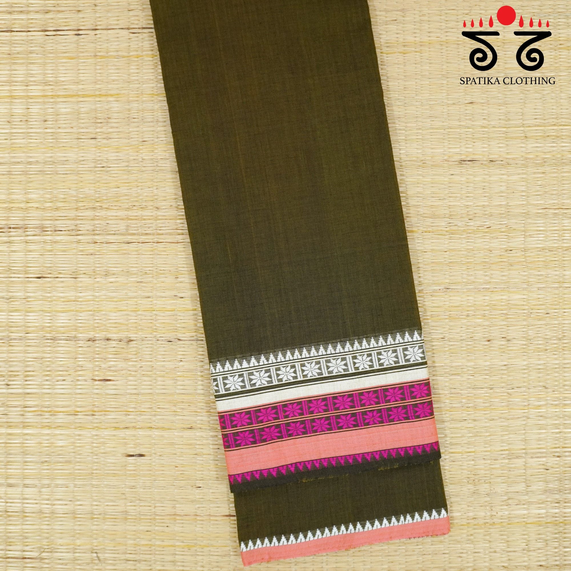 Olive Green Begampur Handwoven Cotton Saree New!