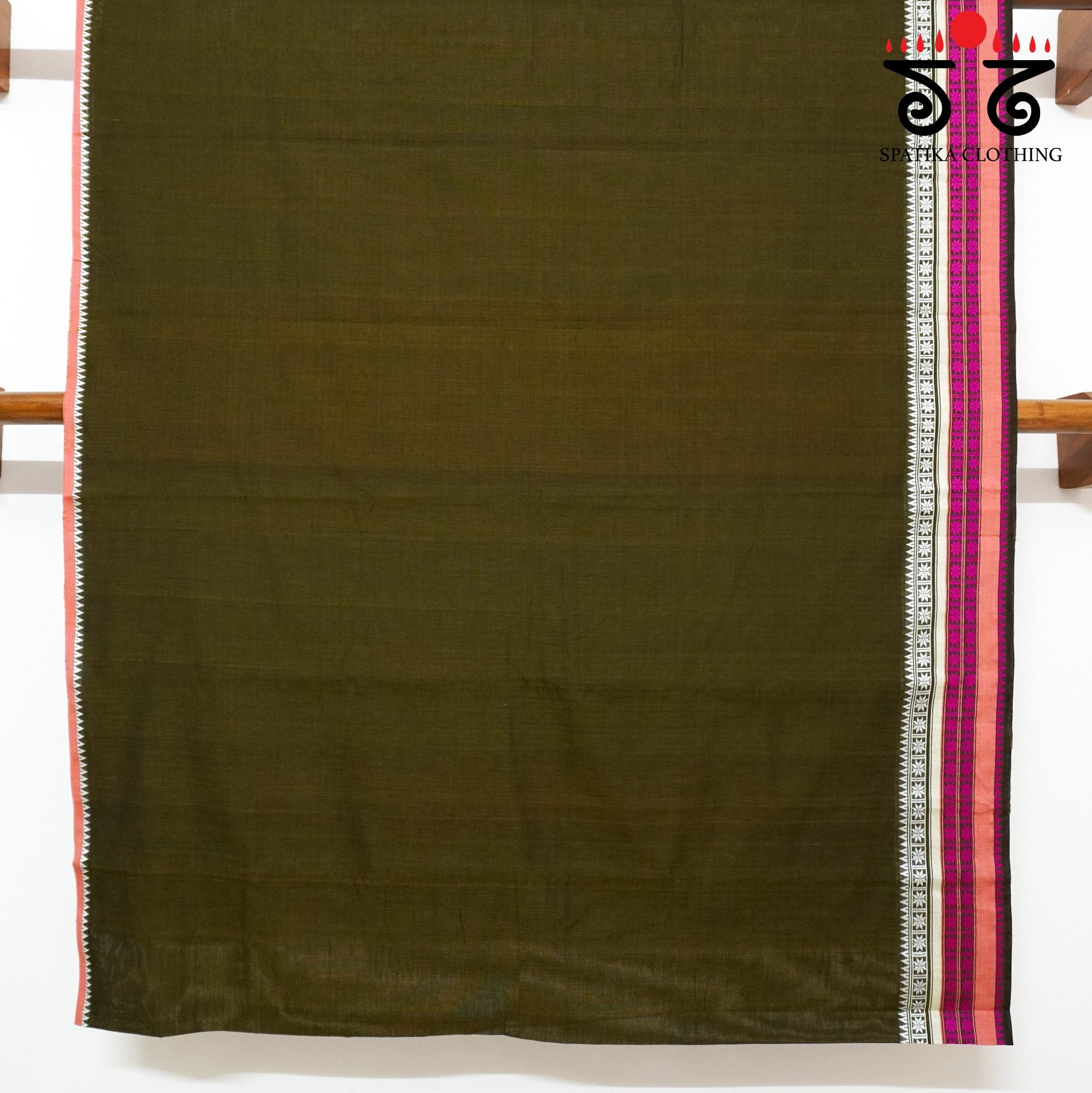 Olive Green Begampur Handwoven Cotton Saree New!