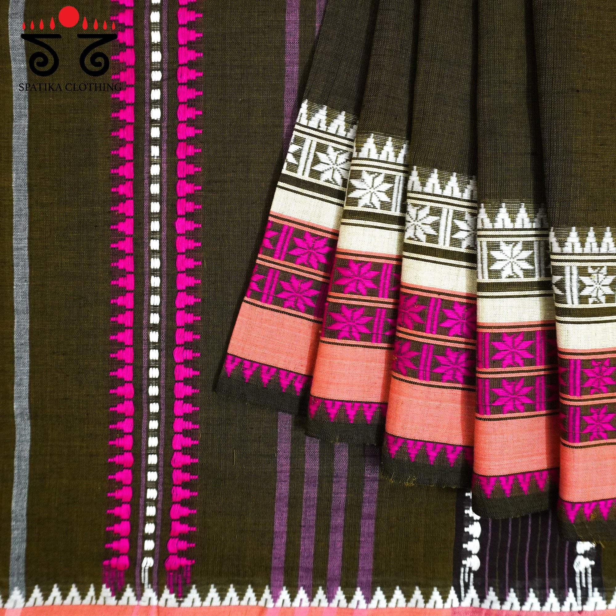 Olive Green Begampur Handwoven Cotton Saree New!