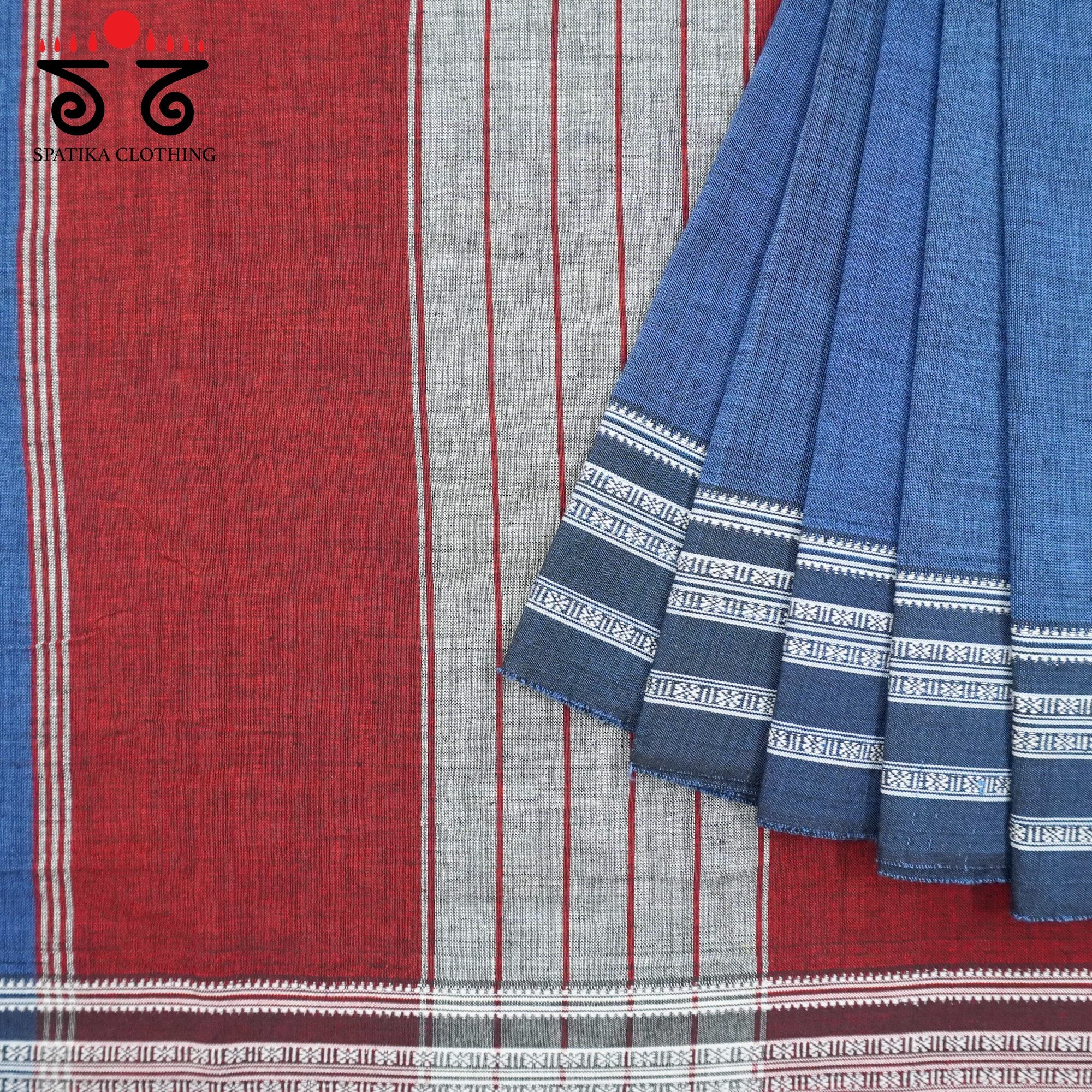 Blue Ilkal Handwoven Cotton Saree - Ajrak Blouse