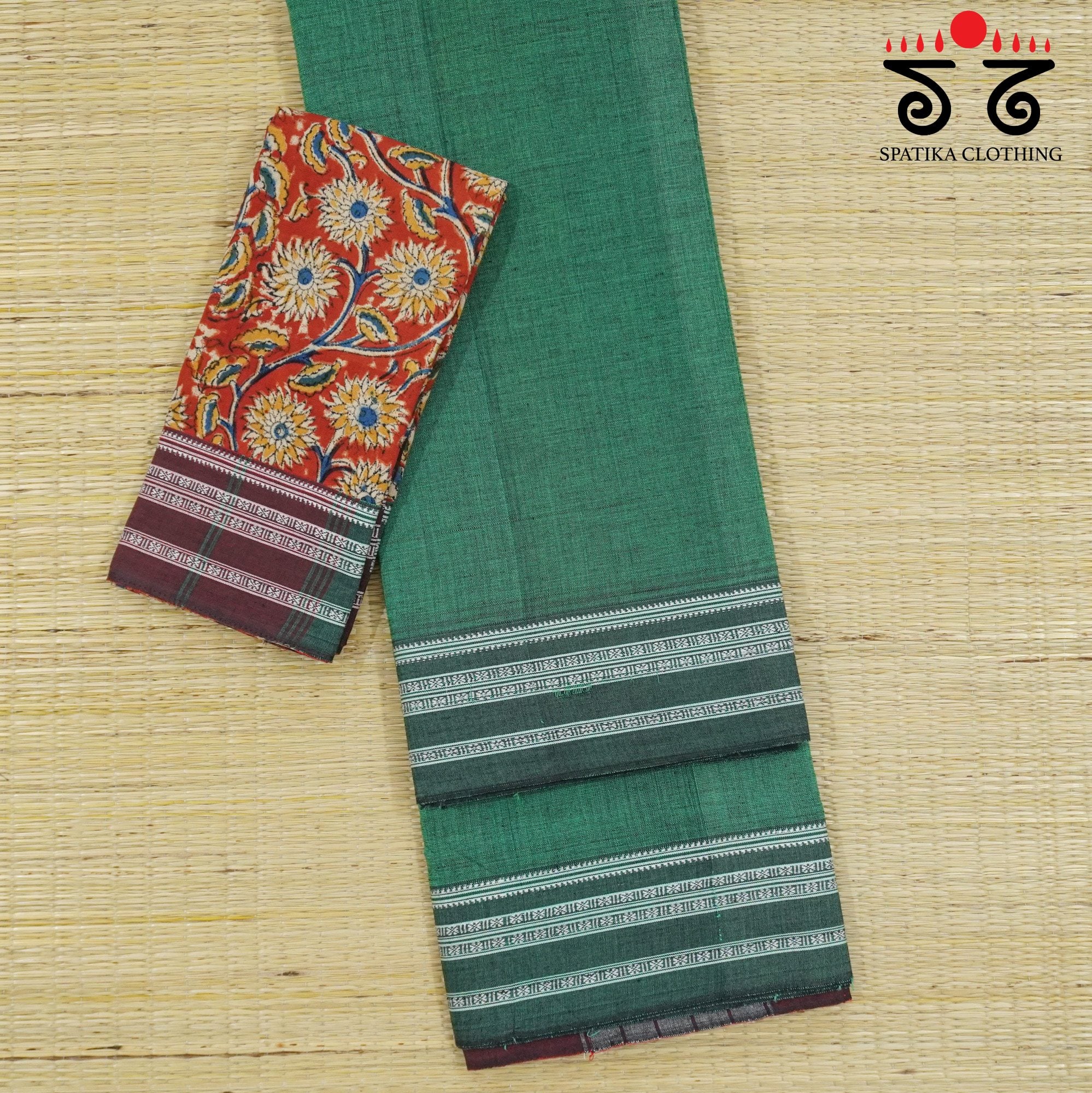 Green Ilkal Handwoven Cotton Saree - Pen Kalamkari Blouse