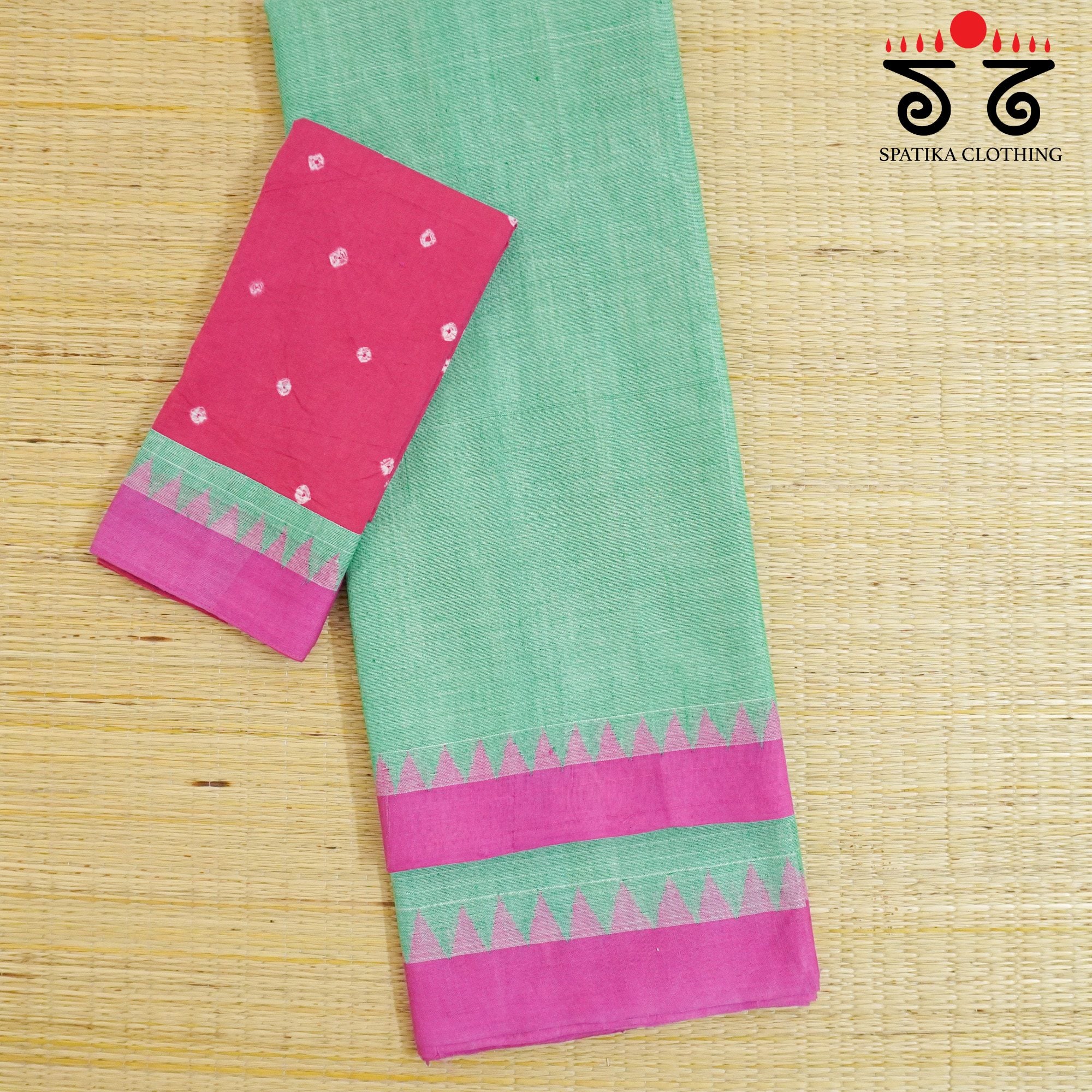 Light Green Ponduru Handspun Cotton Saree - With Bandhini Special Blouse