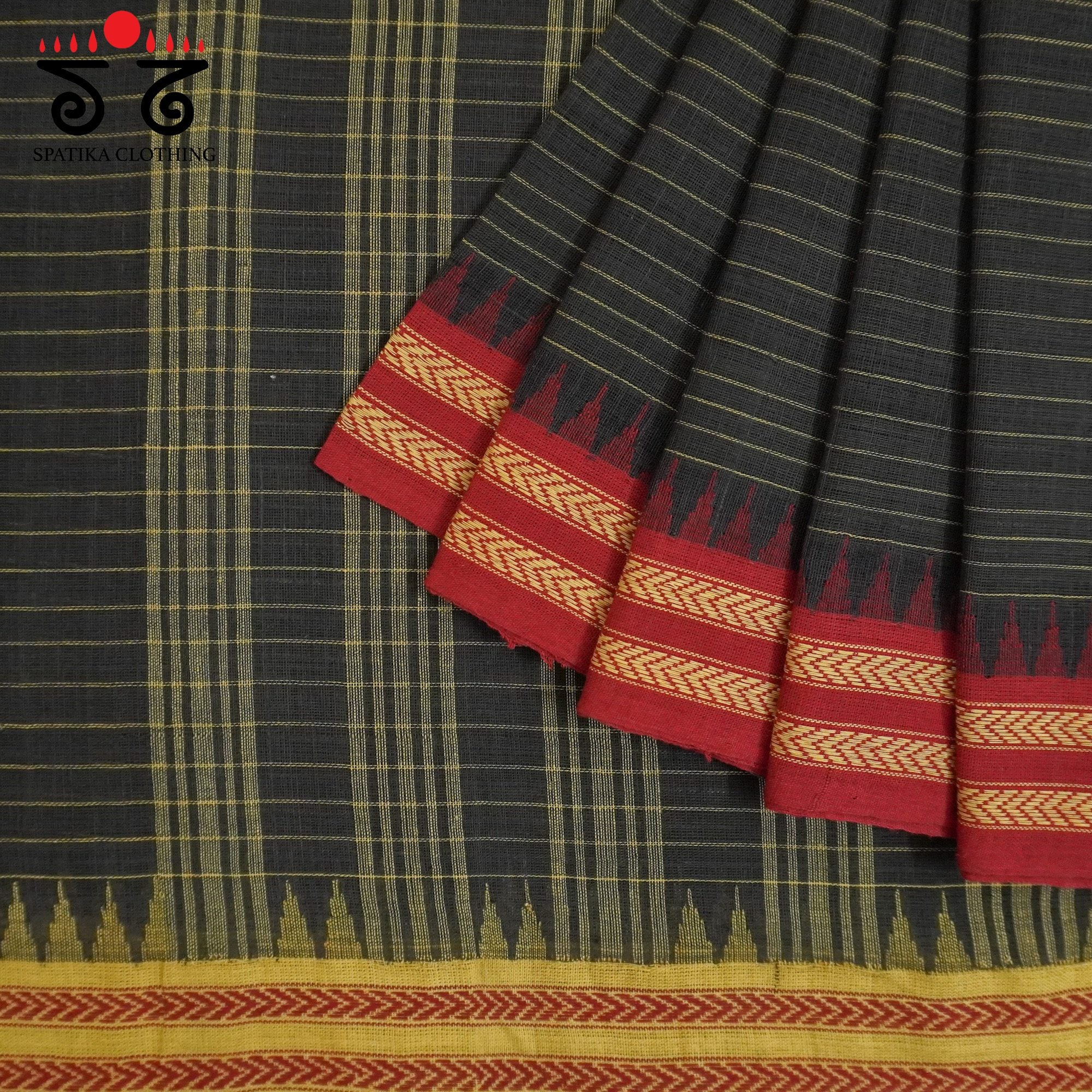 Black & Red Ponduru Handspun Cotton Saree - With Special Blouse