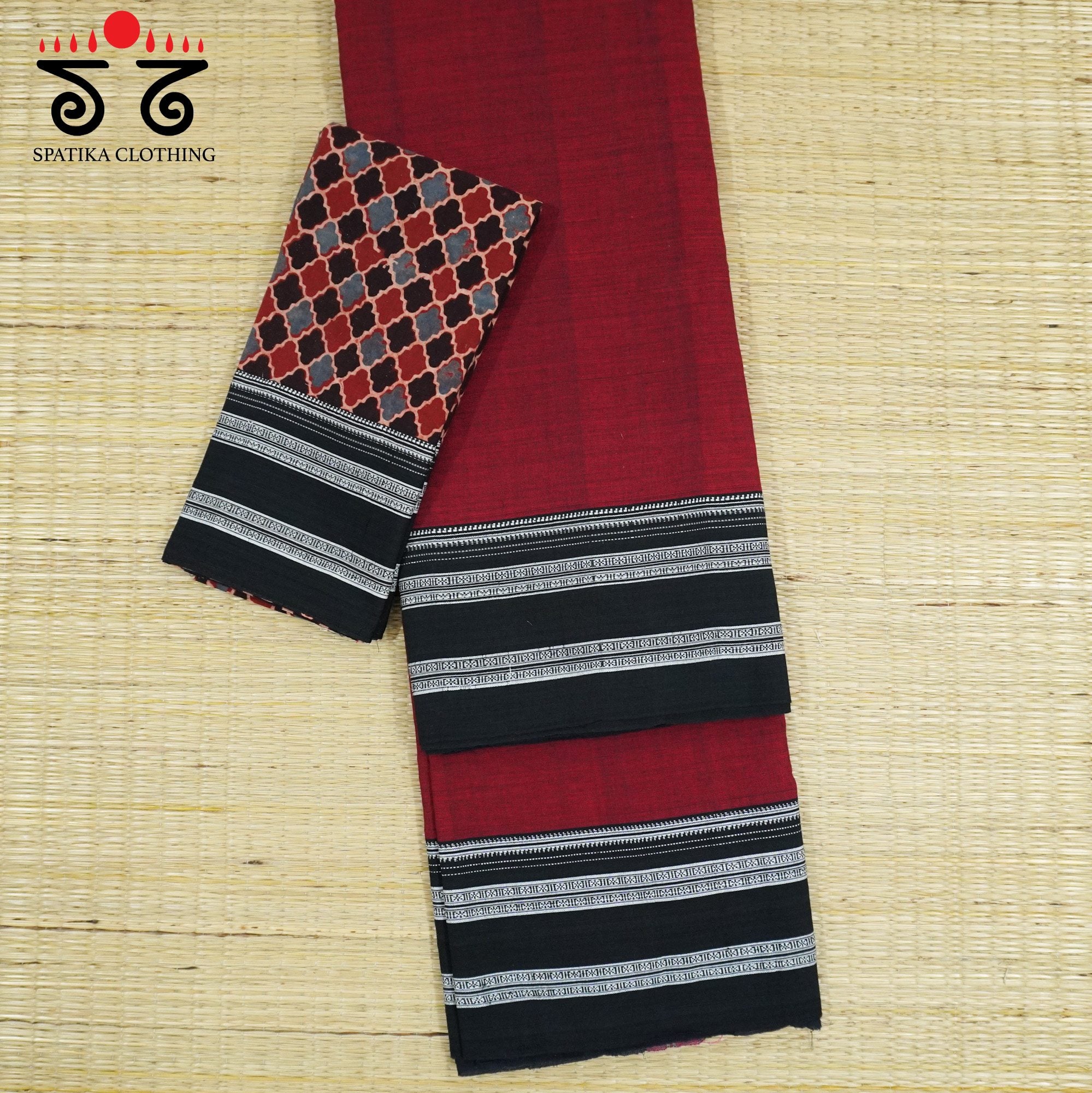 Red Ilkal Handwoven Cotton Saree - Ajrak Blouse