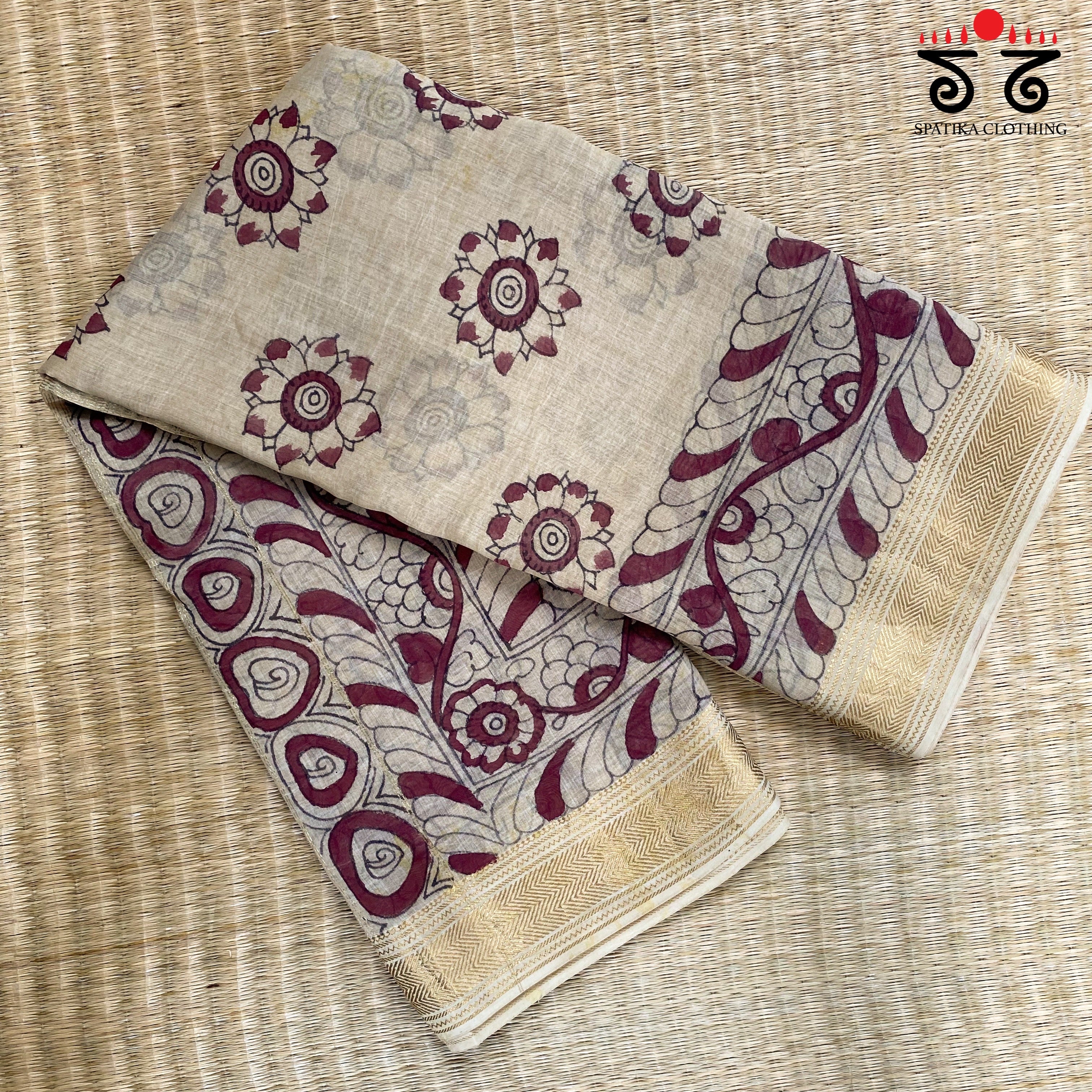 Pen Kalamkari On Maheshwari Silk Cotton Saree