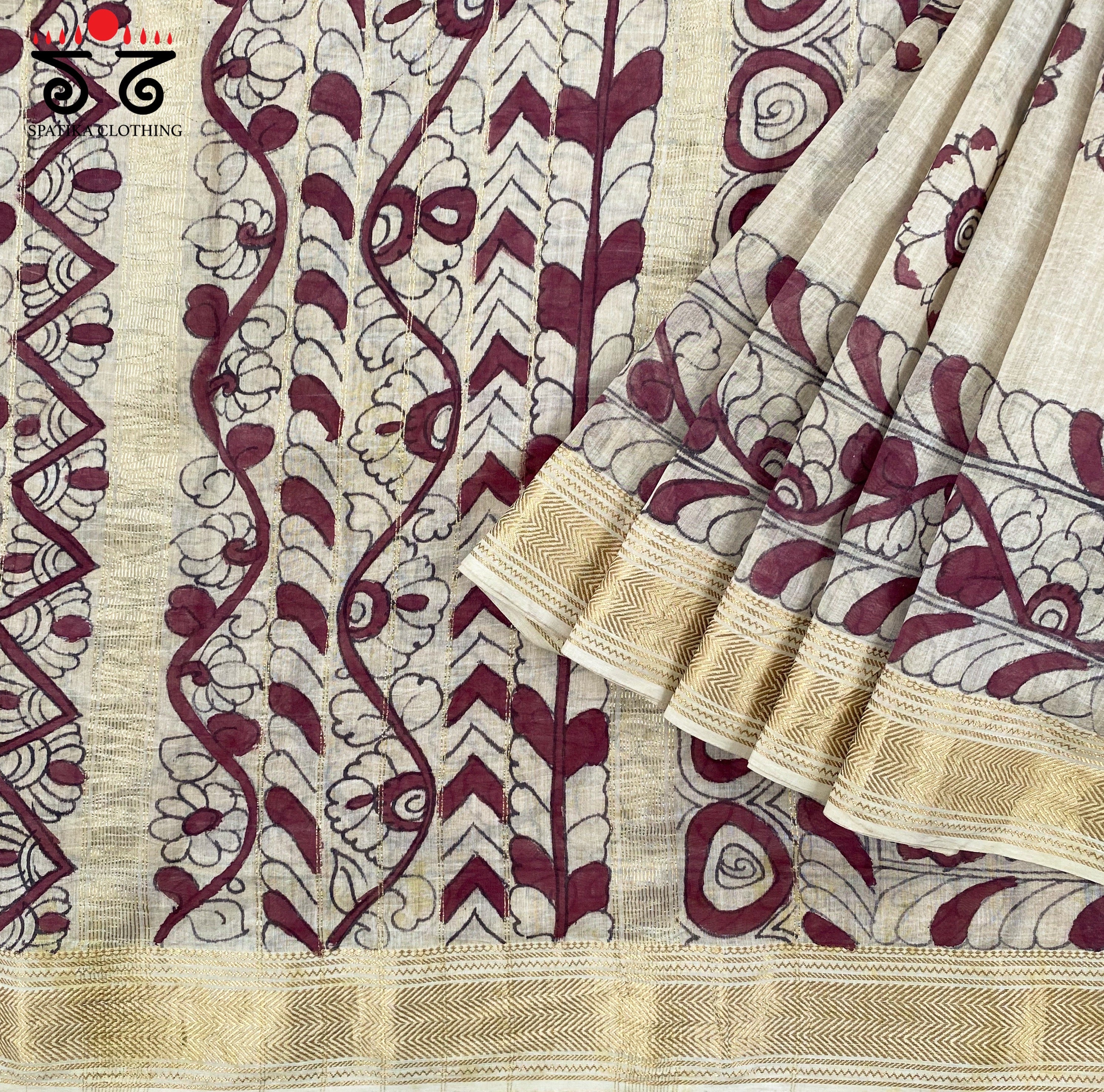 Pen Kalamkari On Maheshwari Silk Cotton Saree