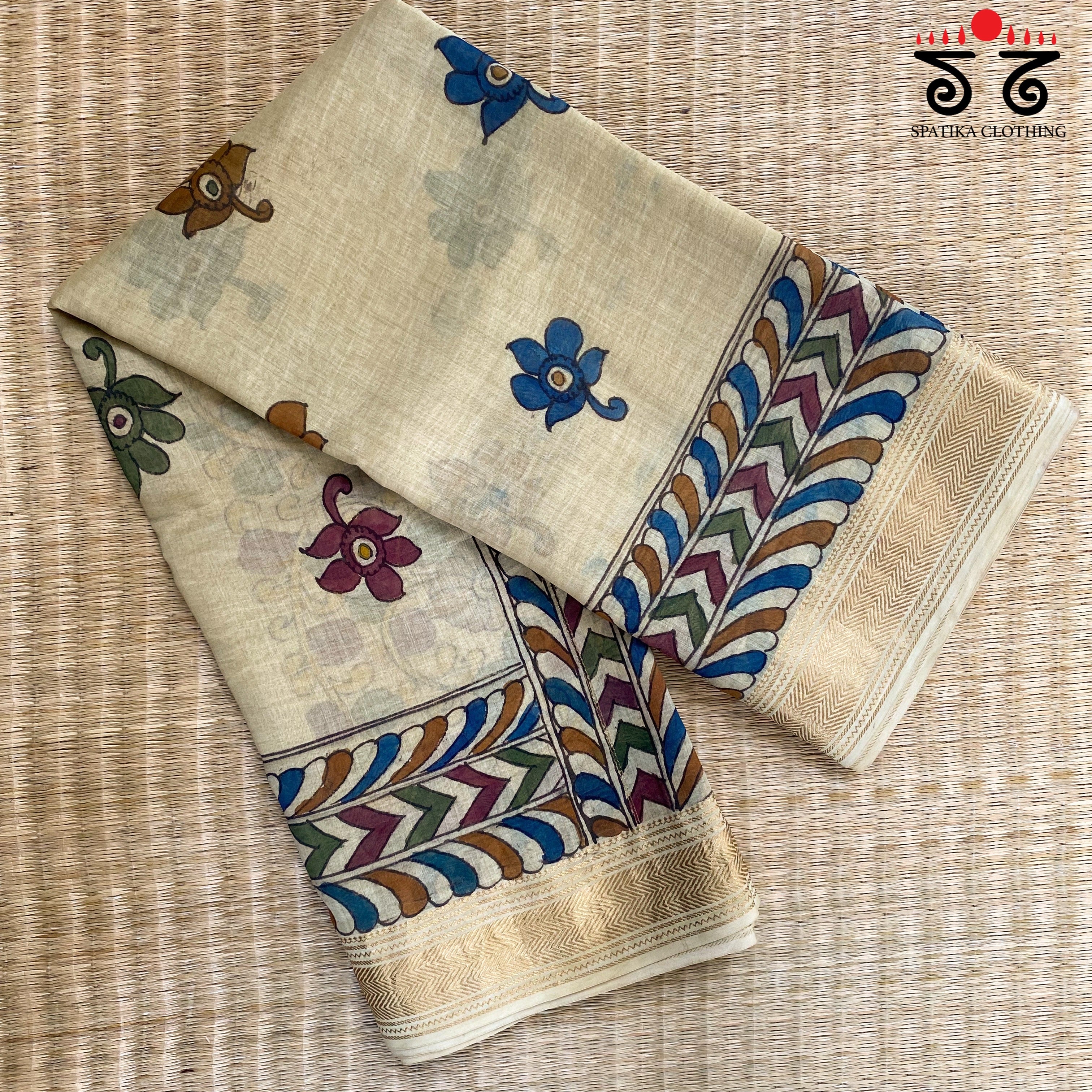 Pen Kalamkari On Maheshwari Silk Cotton Saree