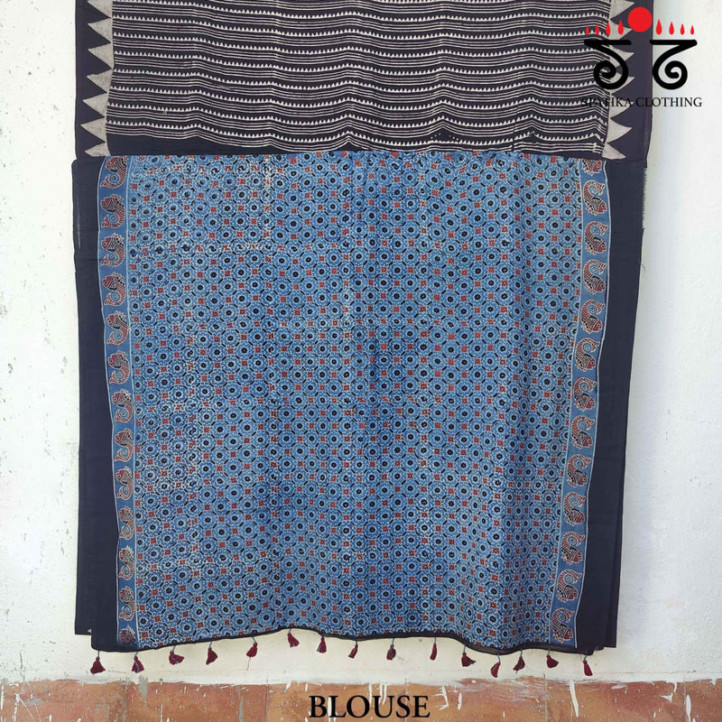 Ajrakh Handblock Print on Mulmul Cotton Saree