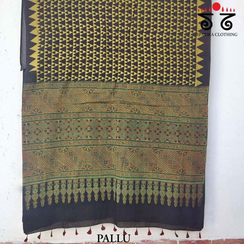 Ajrakh Handblock Print on Mulmul Cotton Saree