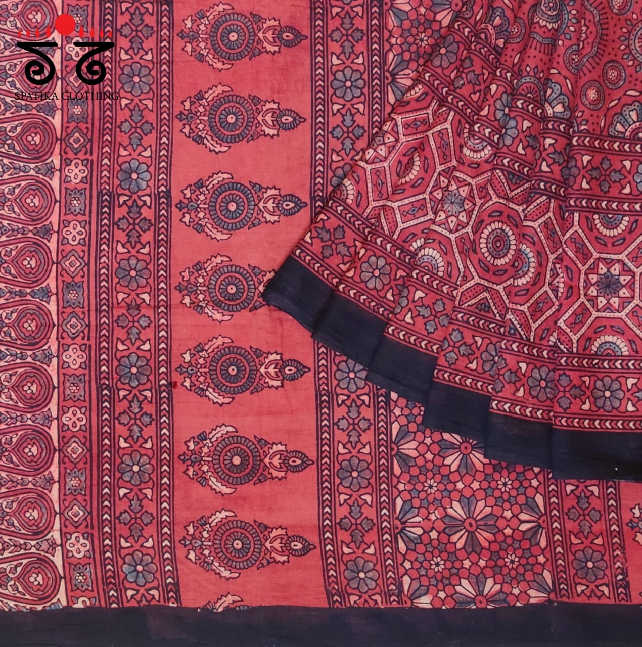 Ajrakh Handblock Printed on Mulmul Cotton Saree