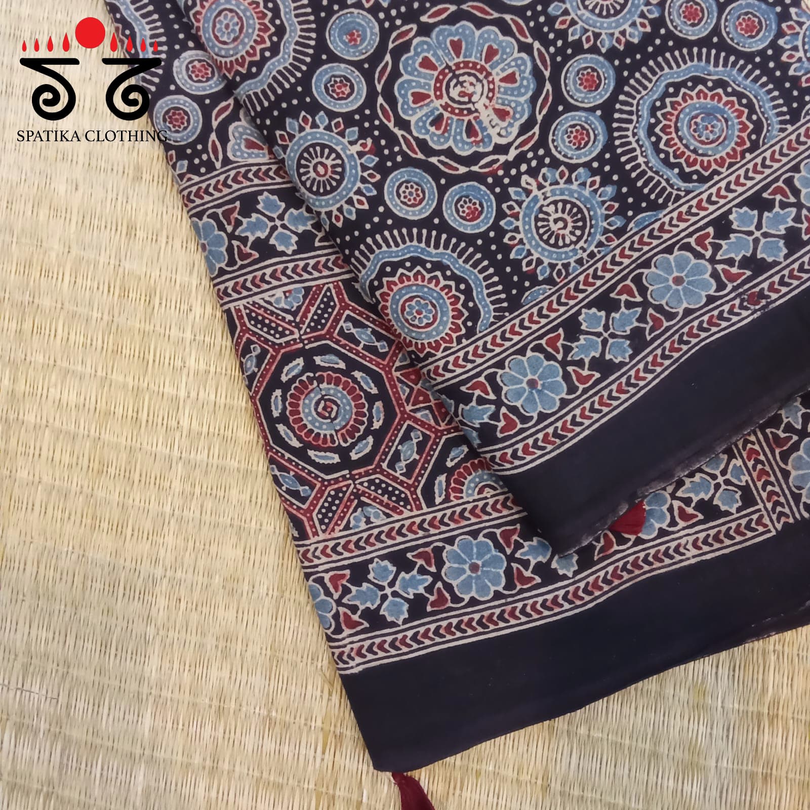 Ajrakh Handblock Print on Mulmul Cotton Saree