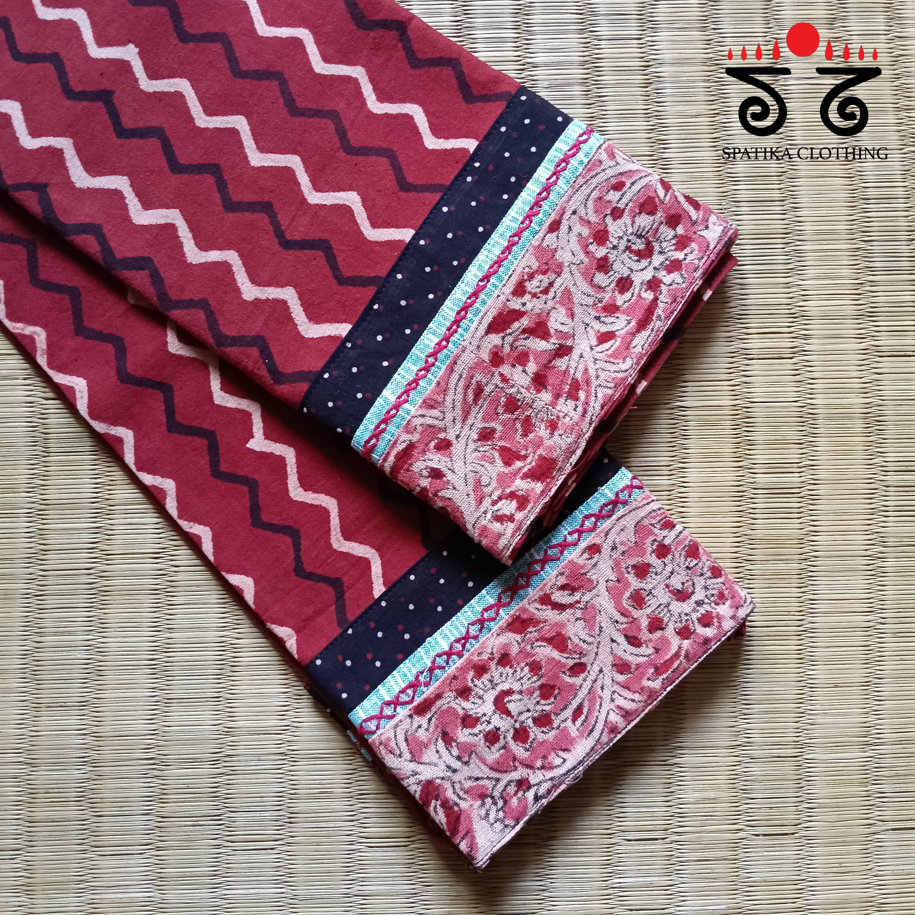 Ajrak hand embroidered Blouse Fabric