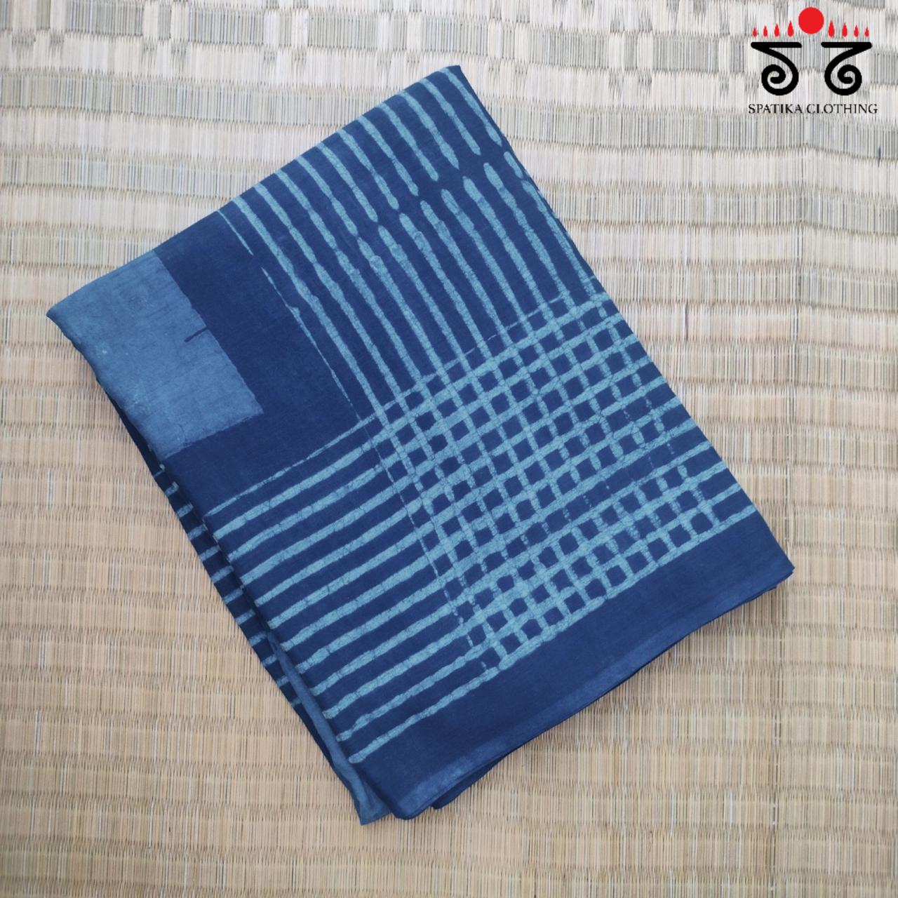 Indigo Handblock Printed Mulmul Cotton Saree