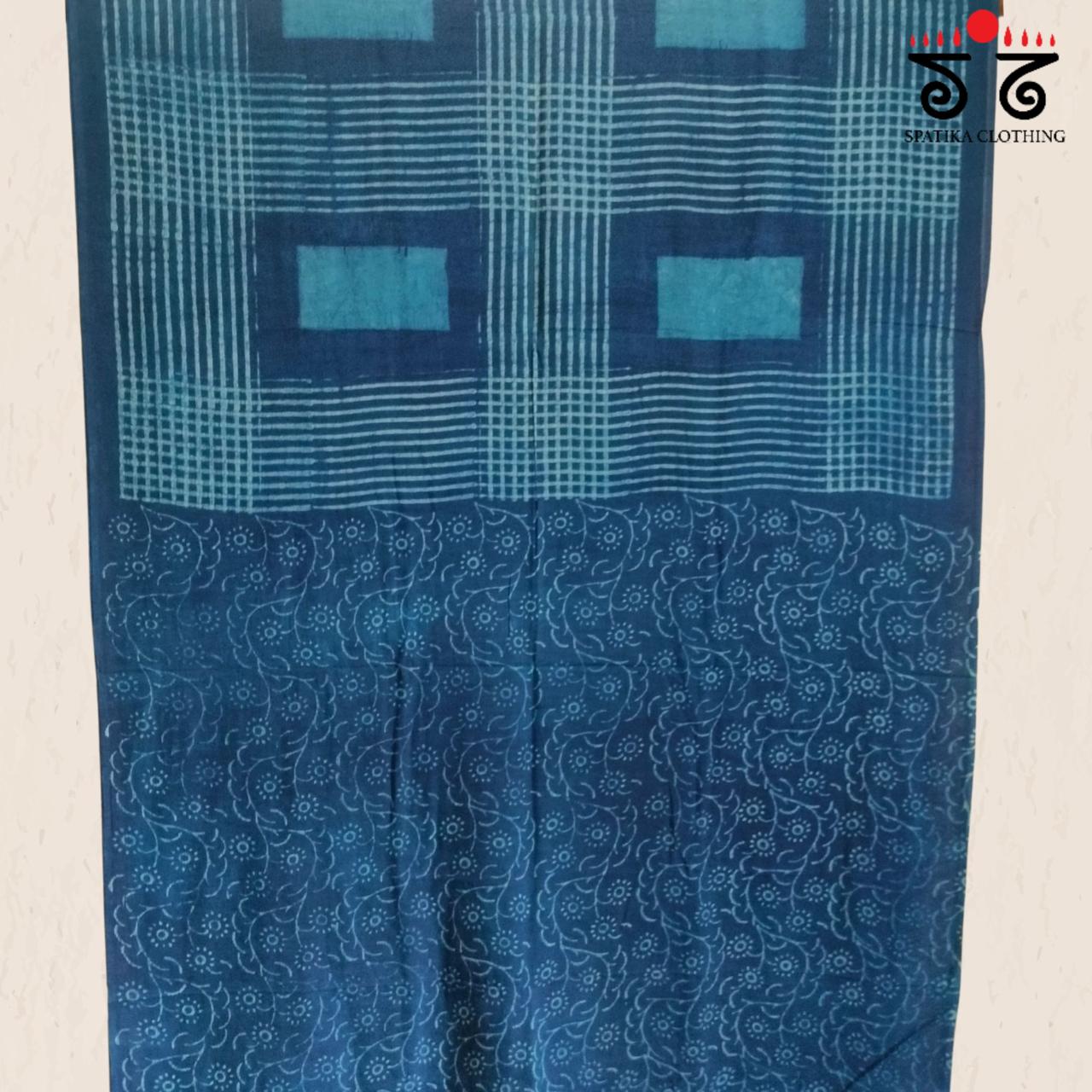 Indigo Handblock Printed Mulmul Cotton Saree