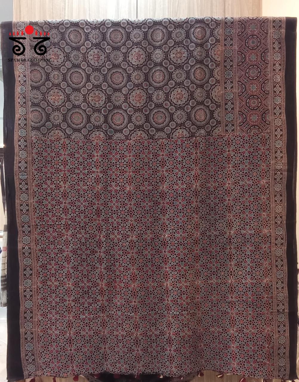 Ajrakh Handblock Print on Mulmul Cotton Saree