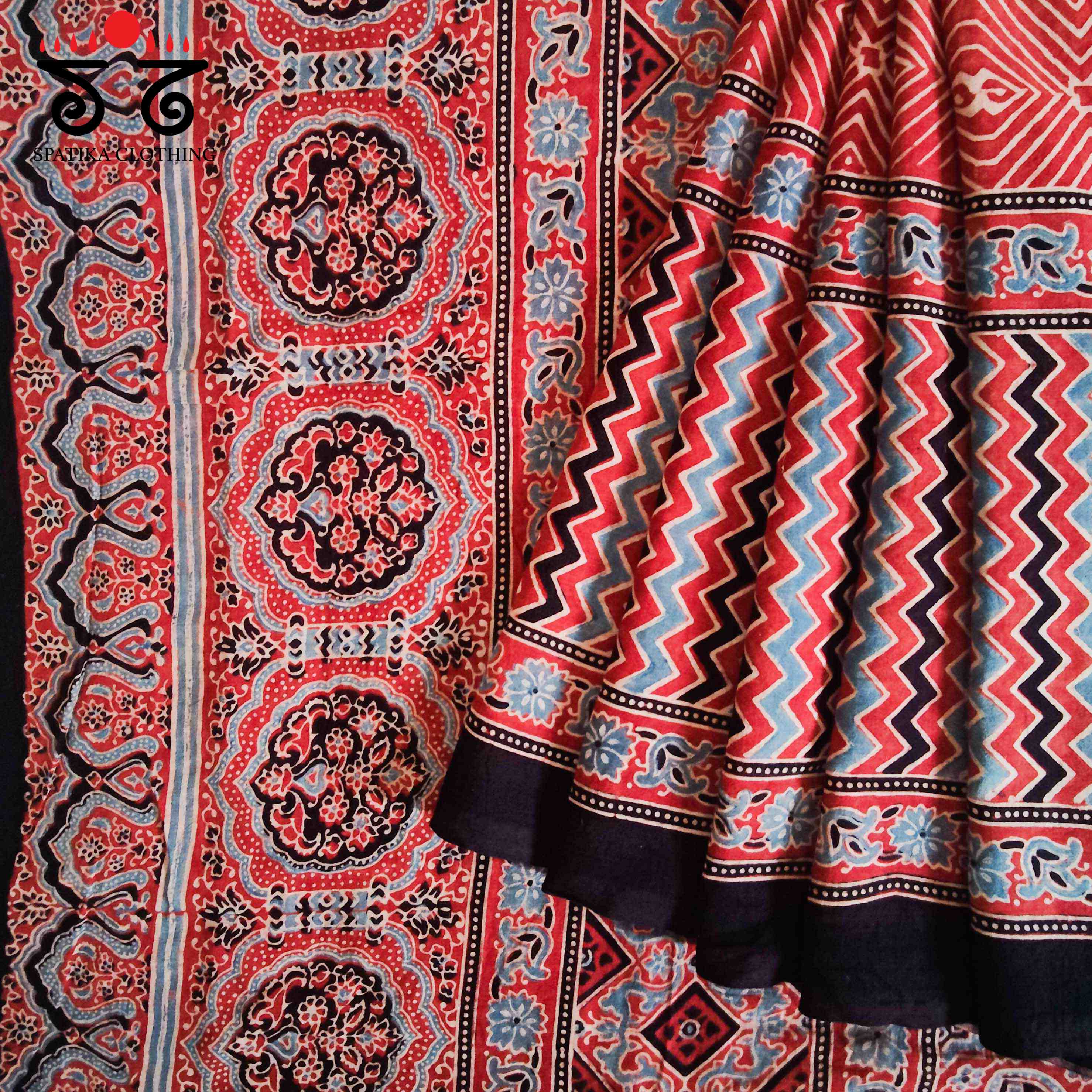 Ajrakh Handblock Print on Mulmul Cotton Saree