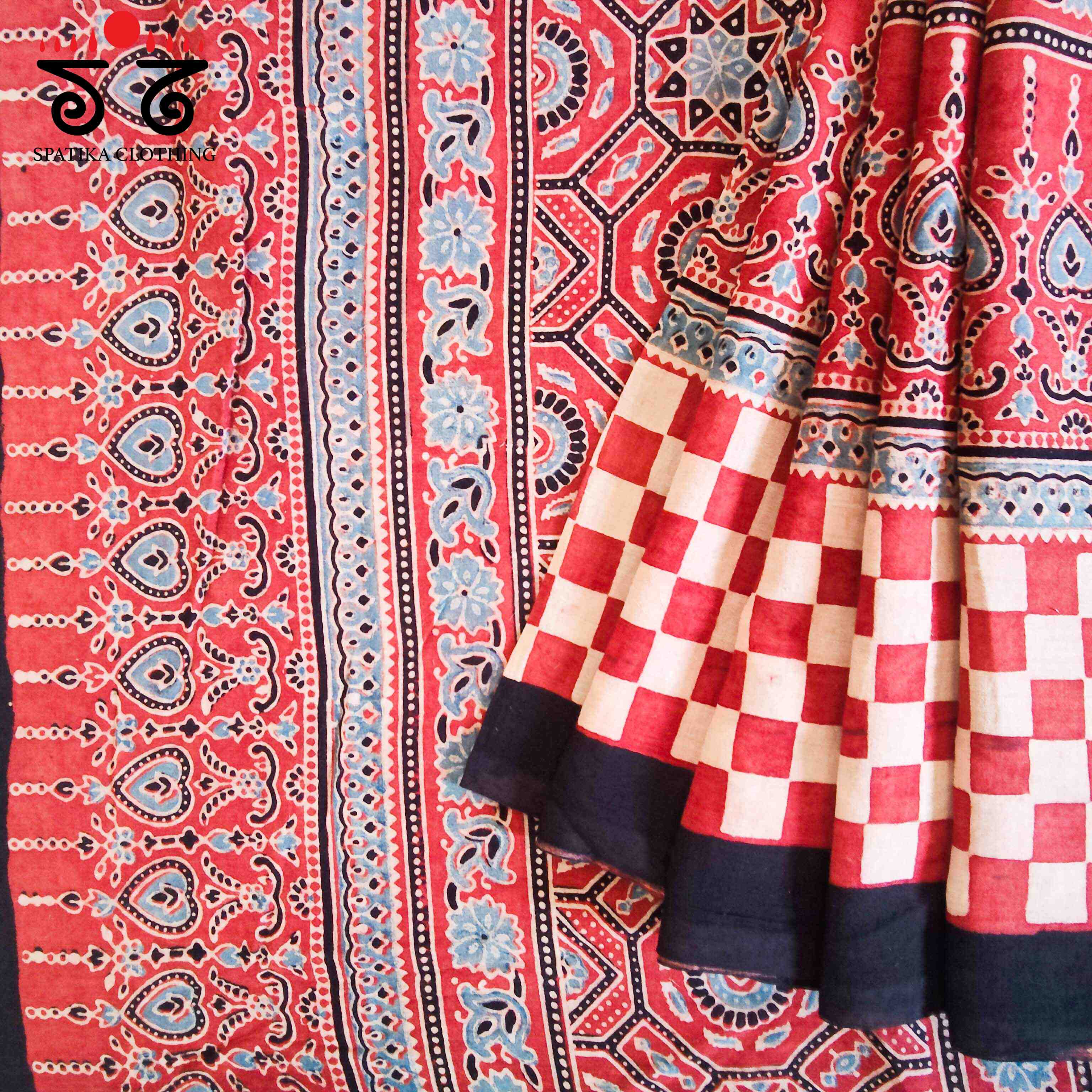 Ajrakh Handblock Print on Mulmul Cotton Saree