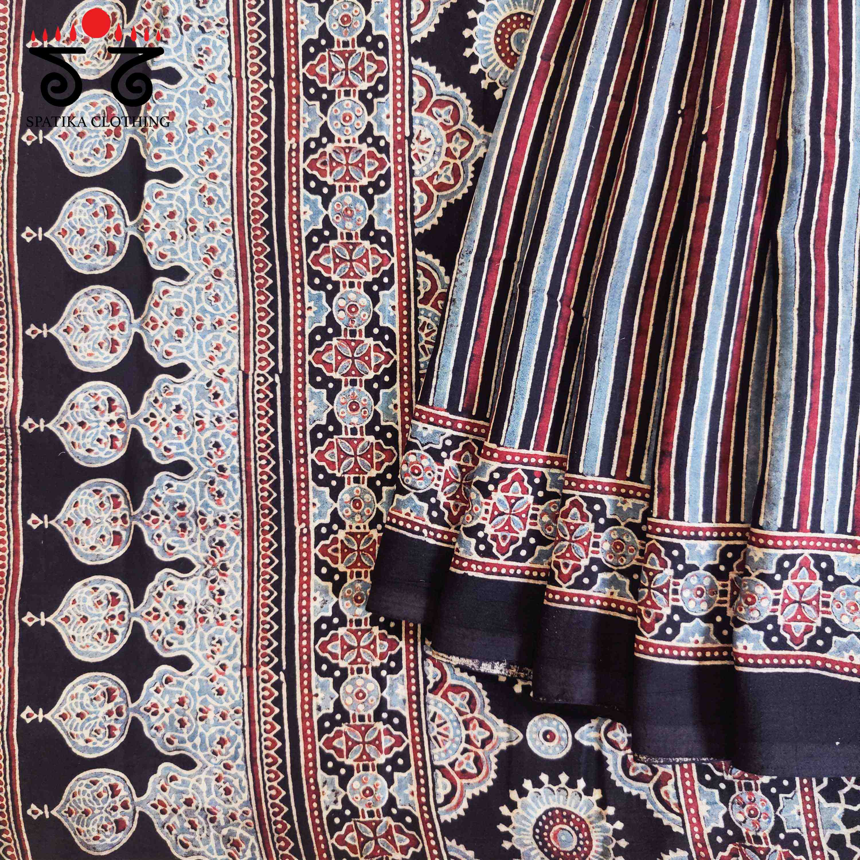 Ajrakh Handblock Print on Mulmul Cotton Saree