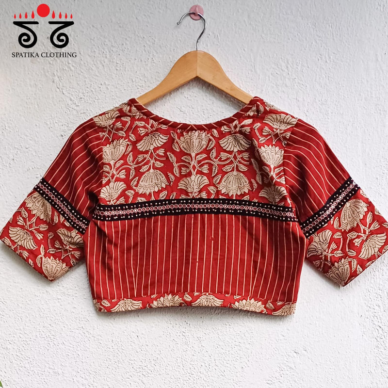 Red Half & Half Bagru Blouse - New Version