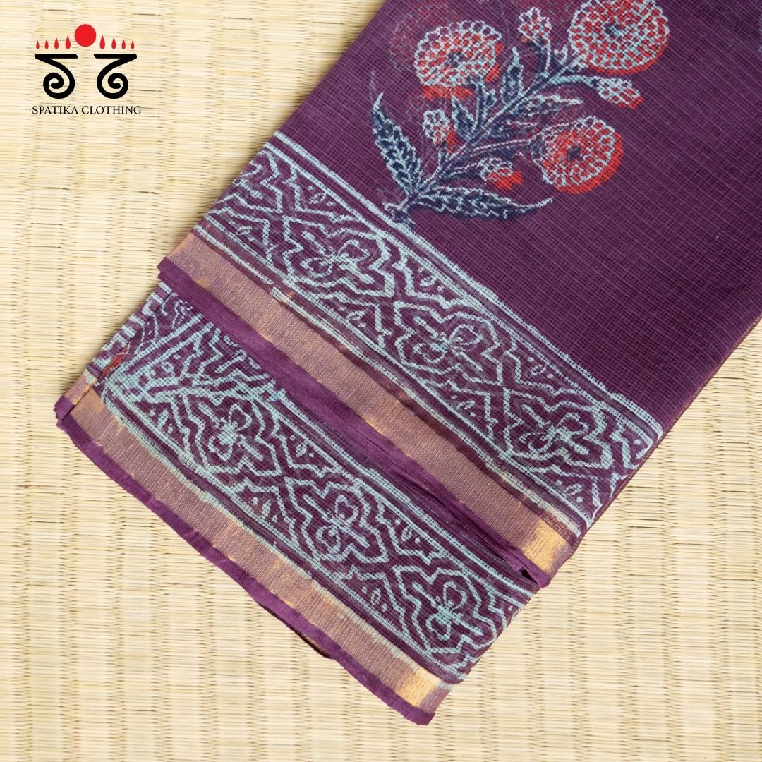 Kota Hand block printed with Zari Border saree